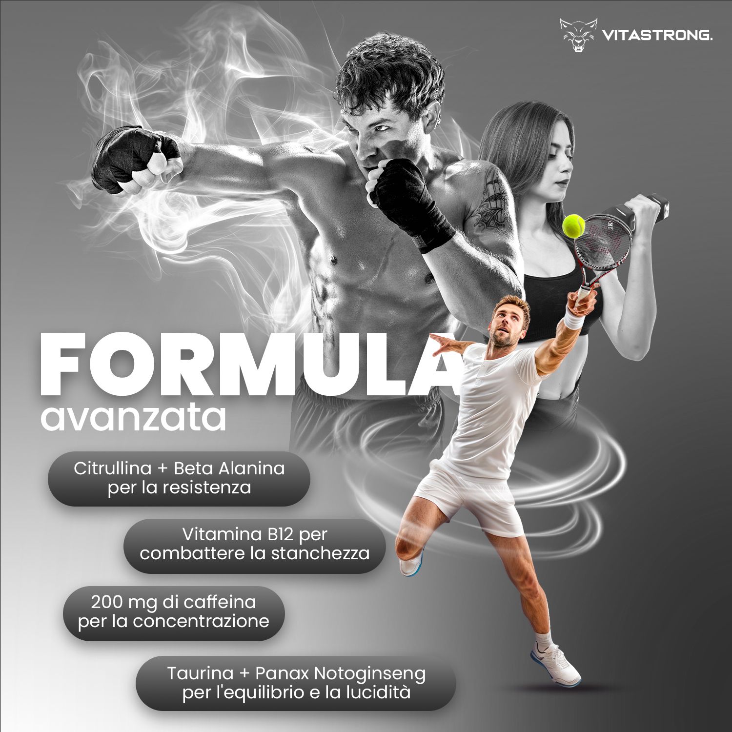 Vitastrong Energy Tropical Dose. Text: ENERGY, Tropical. Mit Sportlern und Text: Formel, Citrullin, Beta Alanin.