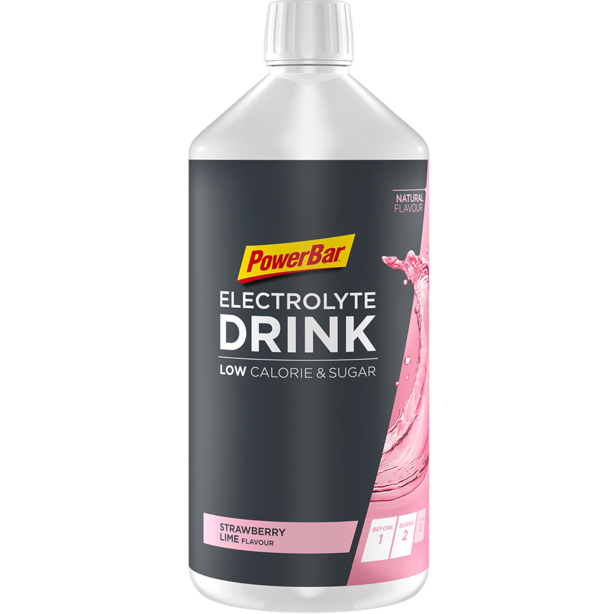 Flasche PowerBar Electrolyte Drink. Schwarzes Etikett mit gelbem Logo und Schriftzug. Erdbeer-Limette-Geschmack.