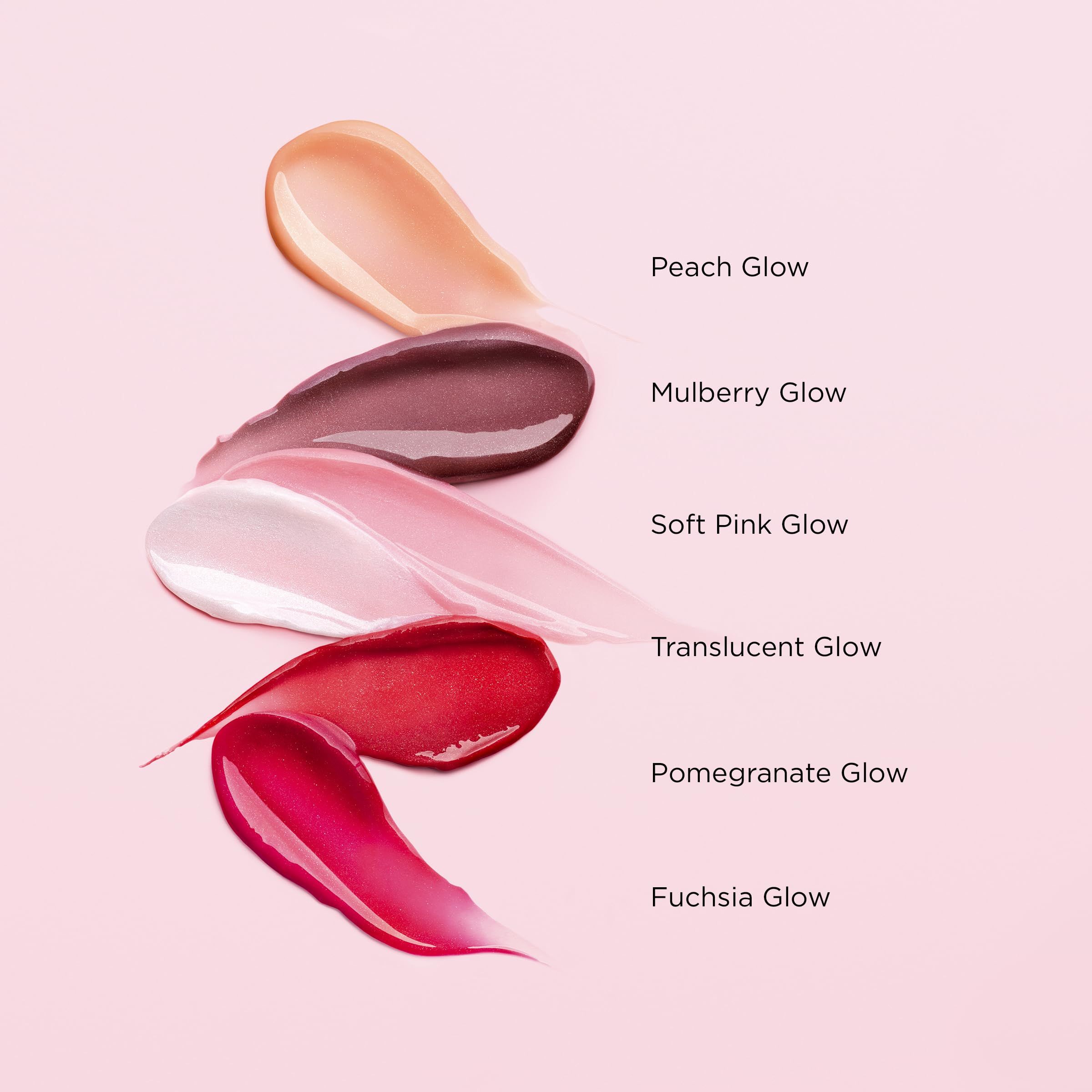 Verschiedene Farbtöne des Lip Perfector. Farben: Pfirsich, Brombeere, Soft Pink, Transparent, Granatapfel, Fuchsia.