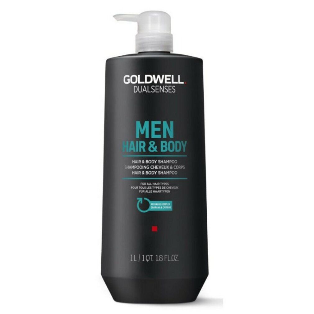 Schwarze Flasche mit Pumpe. Goldwell Dualsenses Men Hair & Body Shampoo. 1L/1QT 1.8 FL.OZ.