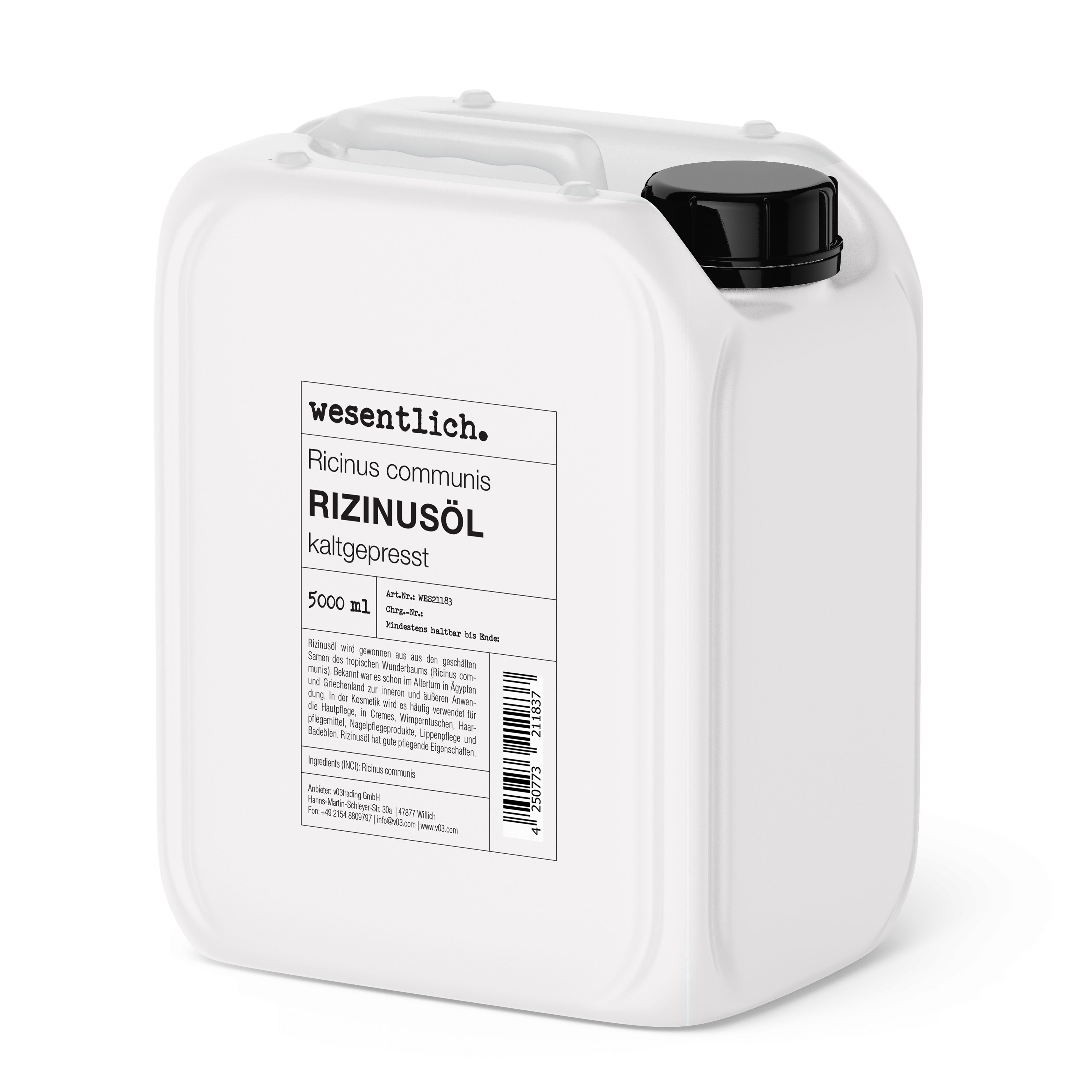 Weißer Kanister mit schwarzem Deckel. Aufschrift: wesentlich. Rizinusöl kaltgepresst. 5000 ml.