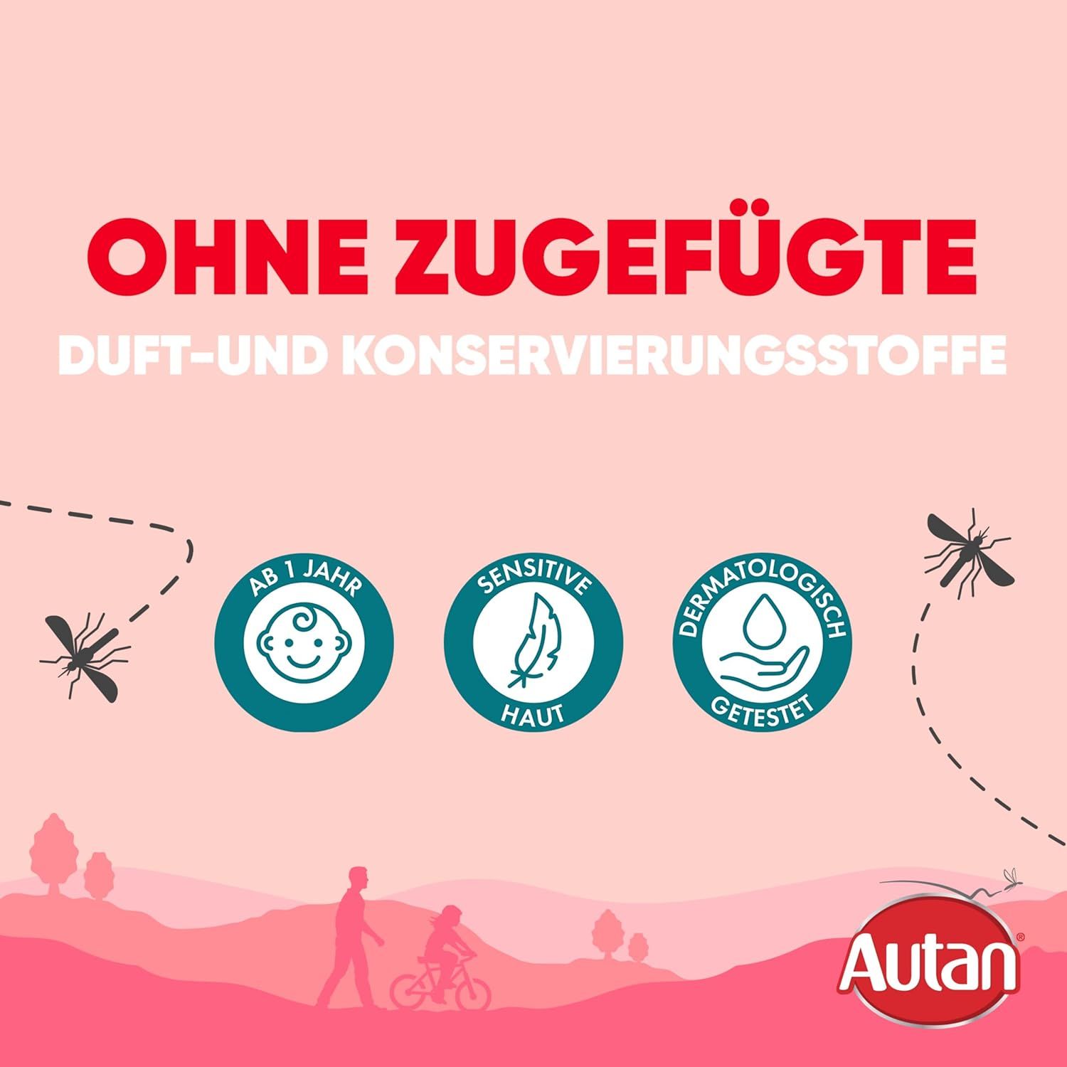 Ohne zugesetzte Duft- und Konservierungsstoffe. Symbole: Baby, sensitive Haut, dermatologisch getestet. Autan Logo.