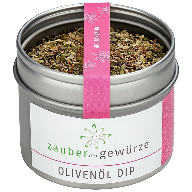 Runde Dose mit Olivenöl Dip. Rosa Etikett mit Schriftzug. Deckel mit Kräutern gefüllt. Weißes Etikett mit Logo und Schriftzug.