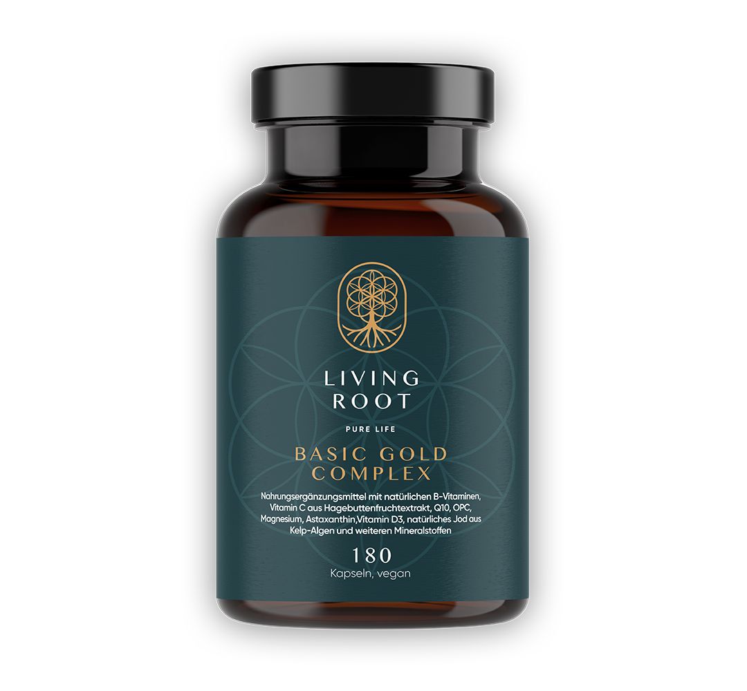 Braune Glasflasche mit schwarzem Deckel. Enthält Kapseln. Aufschrift: Living Root Basic Gold Complex. 180 Kapseln, vegan.