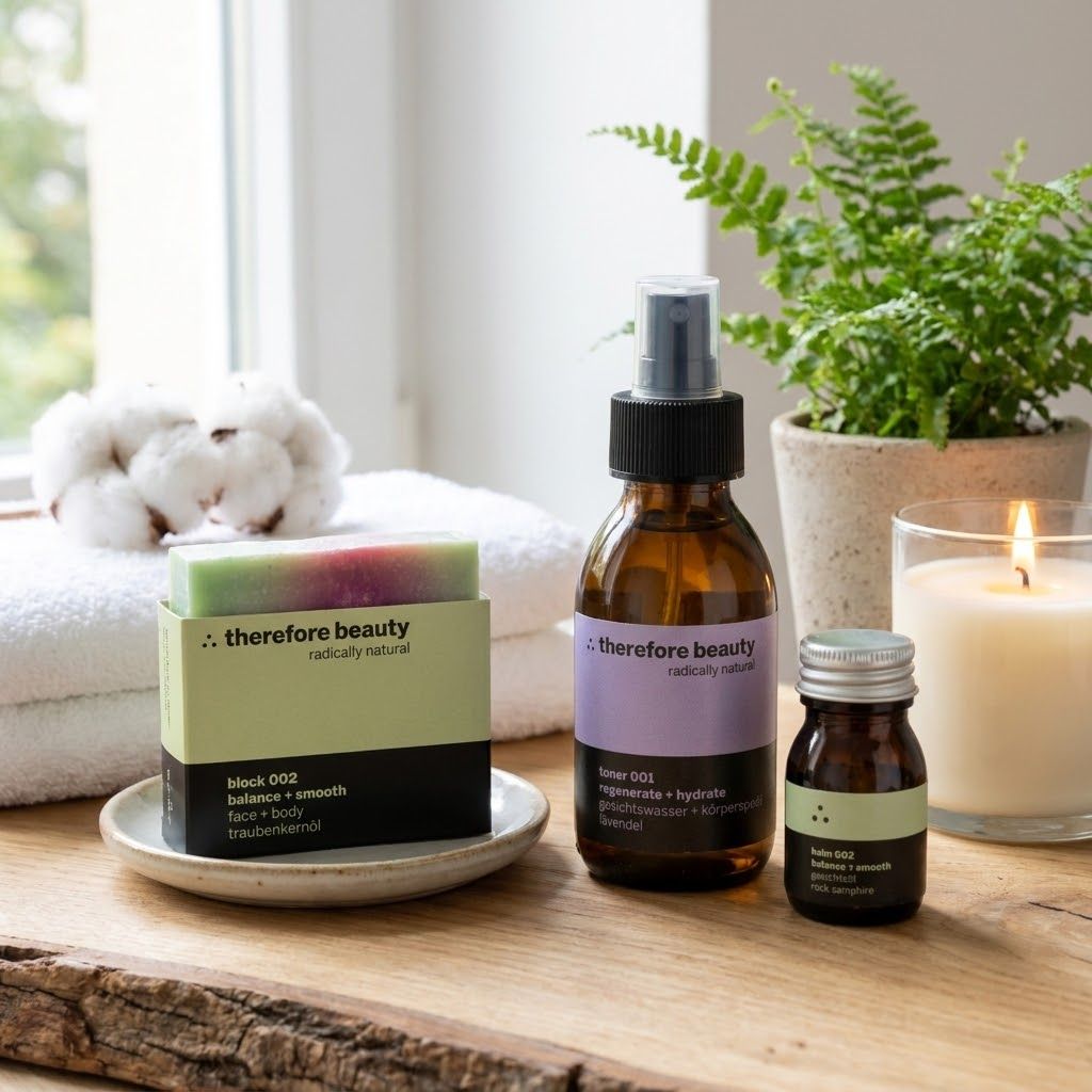 Therefore beauty Hautpflegeprodukte auf einem Holztisch mit Handtüchern und Kerze.