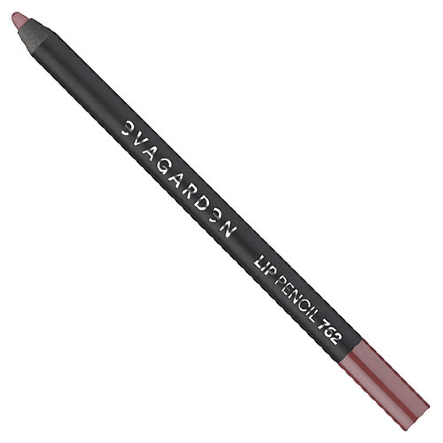 Lippenstift in Stiftform. Schwarzer Stift mit Aufschrift SVAGARDON und LIP PENCIL 762. Spitze in Braun. Schrägansicht.