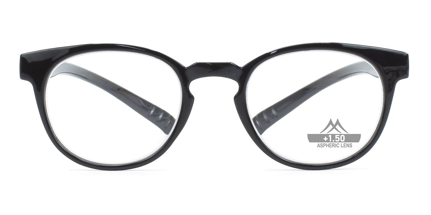 Schwarze Brille mit runden Gläsern. Auf einem Glas steht "+1.50 ASPHERIC LENS".