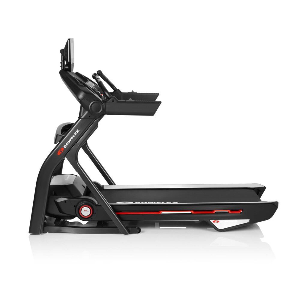 Laufband T25. Schwarzes Design mit roten Akzenten. Konsole mit Bildschirm. Bowflex-Logo.