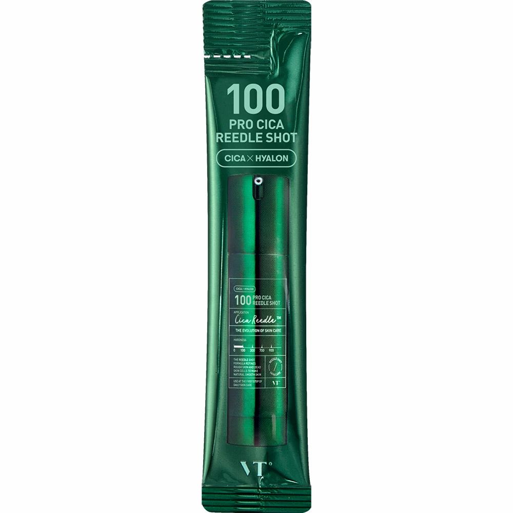 Verpackung mit '100 PRO CICA NEEDLE SHOT' und CICA X HYALON Aufschrift. Enthält eine kleine Flasche.