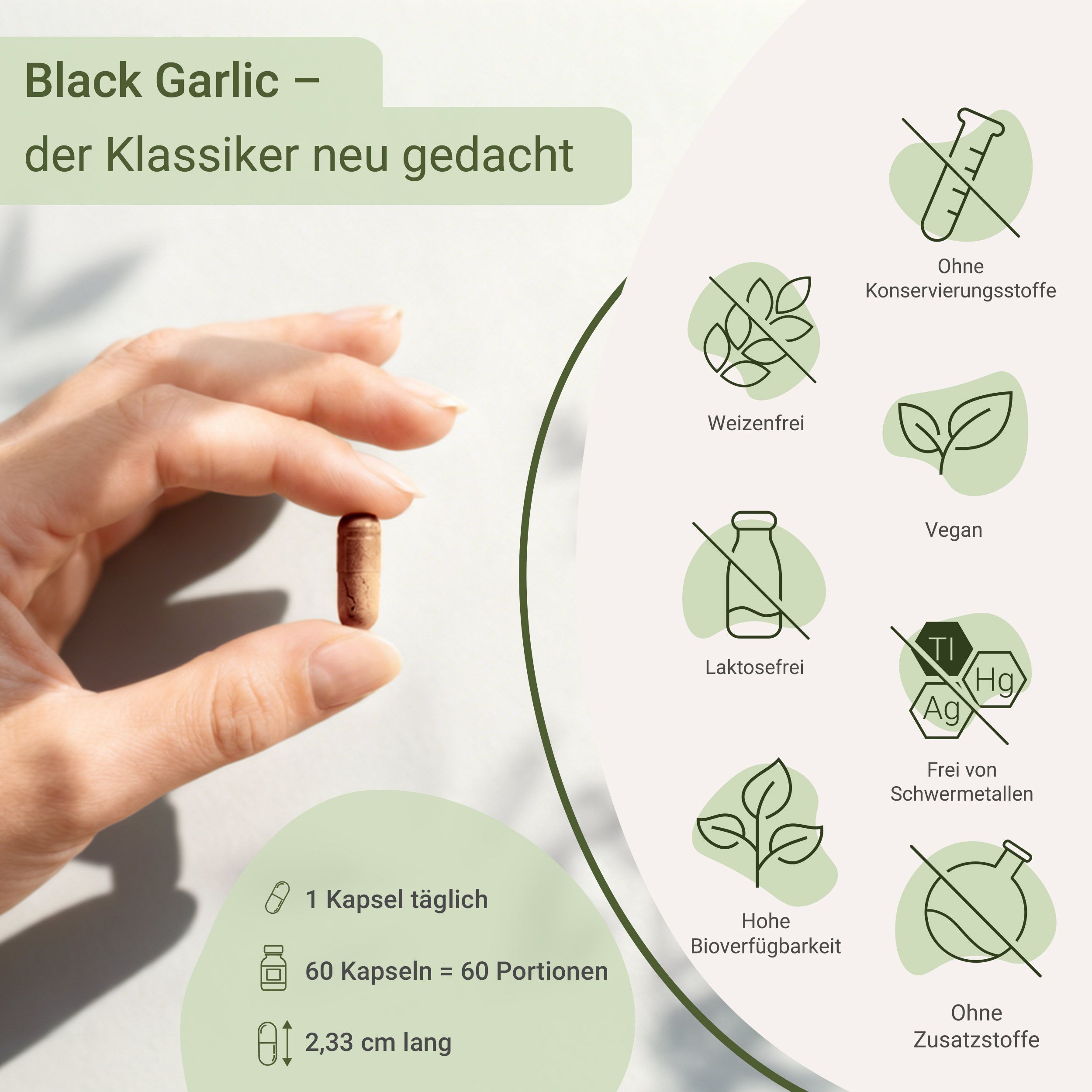 Hand hält eine Kapsel. Icons zeigen: keine Konservierungsstoffe, weizenfrei, vegan, laktosefrei, frei von Schwermetallen, ohne Zusatzstoffe.