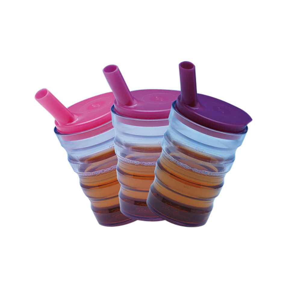 Drei Trinkbecher mit Deckel und Strohhalm. Verschiedene Farben: Rosa, Pink und Lila. Ergonomische Form mit Rillen.