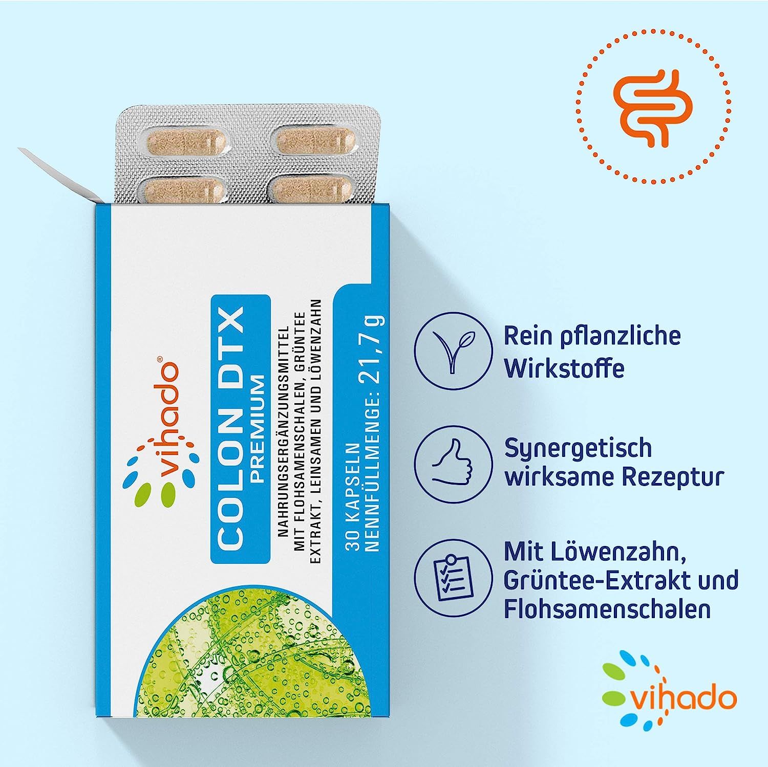 Vihado Colon Express Kur – pflanzliche Darm Kapseln mit Löwenzahn, Flohsamenschalen-Pulver