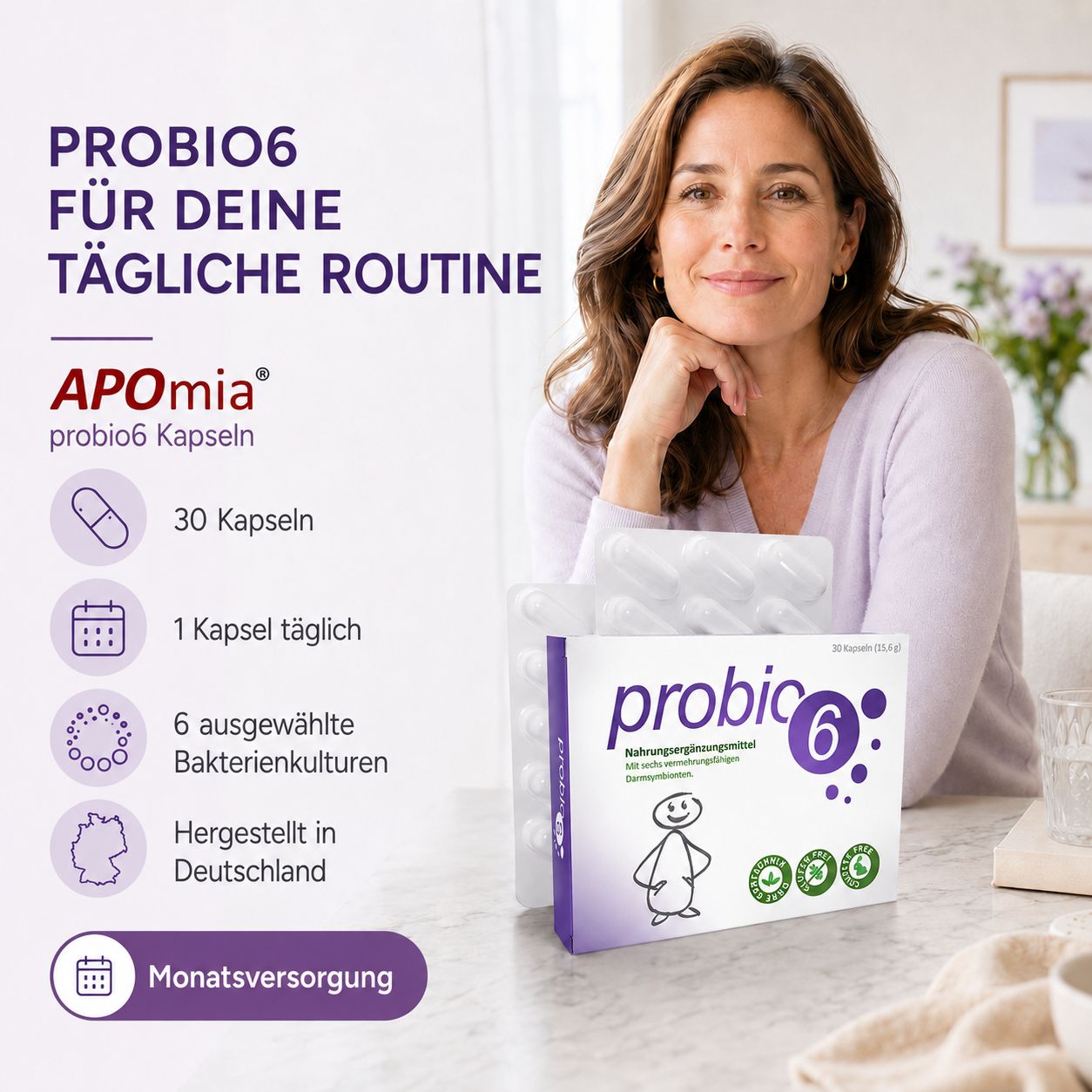 Frau lächelt, neben probio6 Kapsel-Verpackung und Informationen zur täglichen Routine.