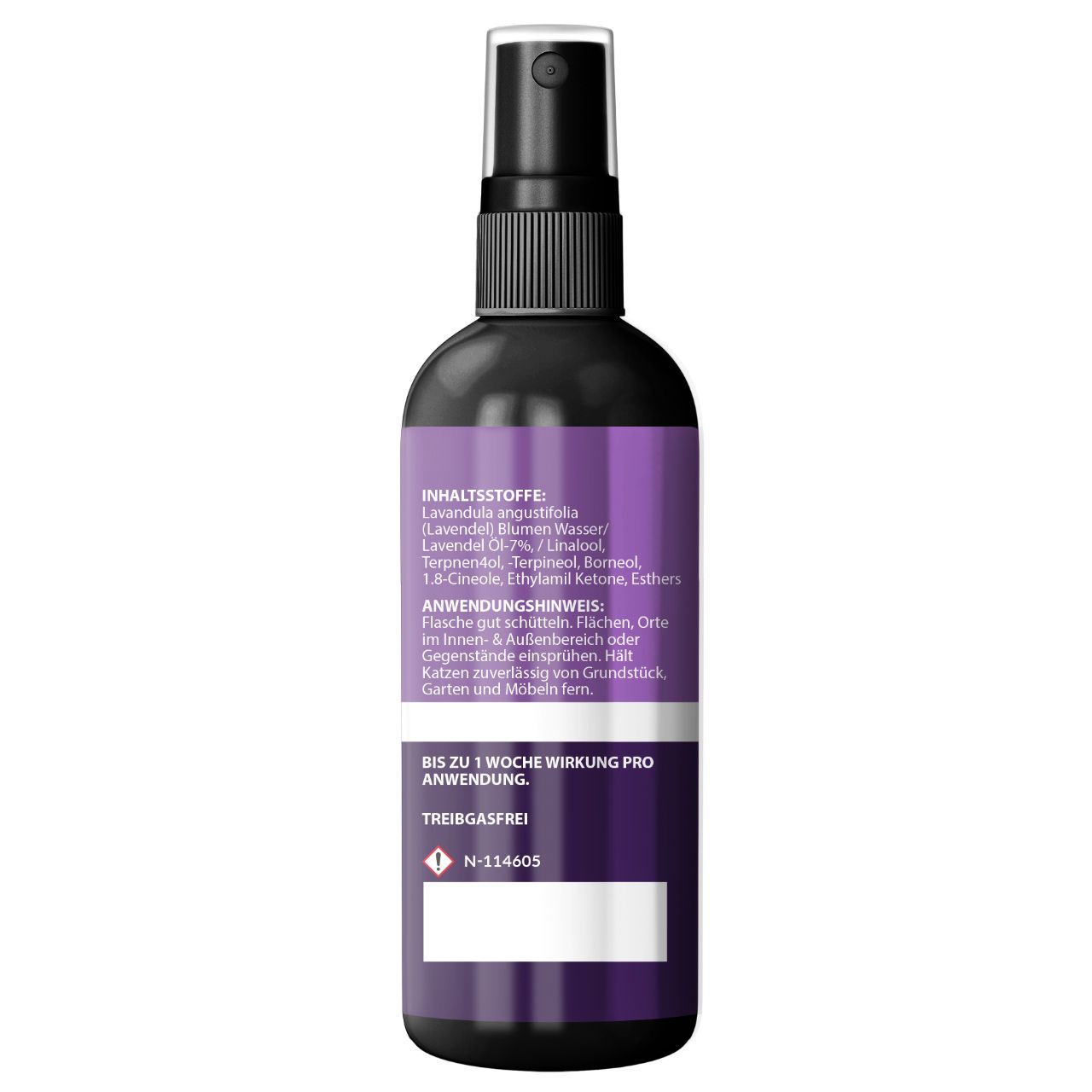 Rückseite der schwarzen Sprühflasche. Text: Inhaltsstoffe, Anwendungshinweis, bis zu 1 Woche Wirkung. Treibgasfrei. N-114605.