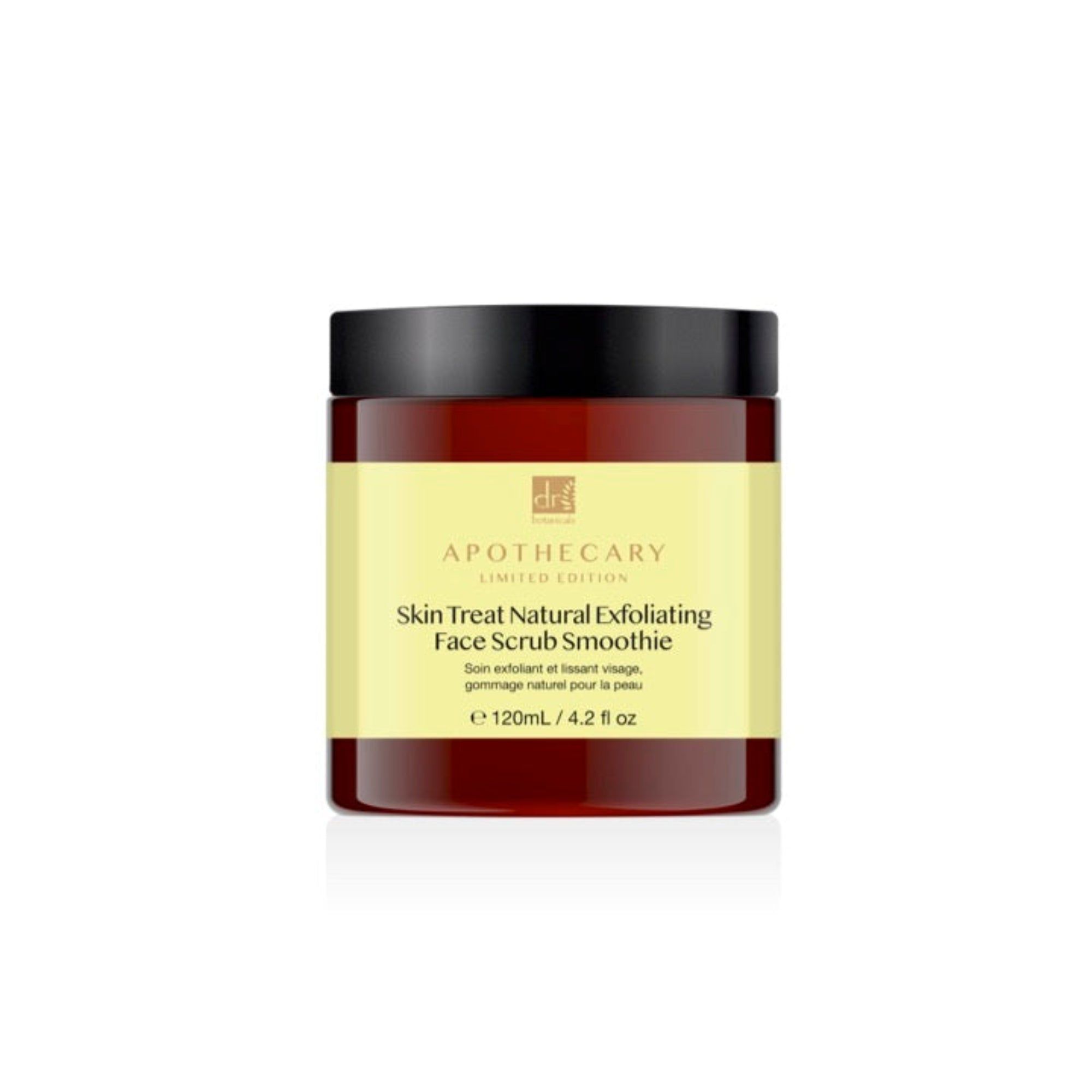 Braune Dose mit schwarzem Deckel. Aufschrift: Skin Treat Natural Exfoliating Face Scrub Smoothie. Gelbes Etikett.