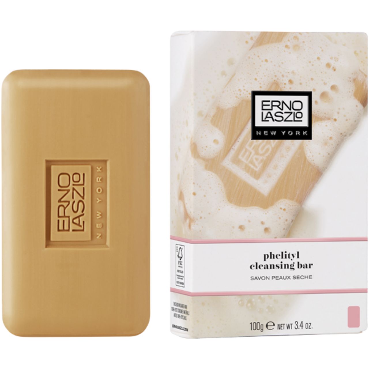 Beige Seife. Rechteckige Form. Geprägtes Logo "Erno Laszlo New York".