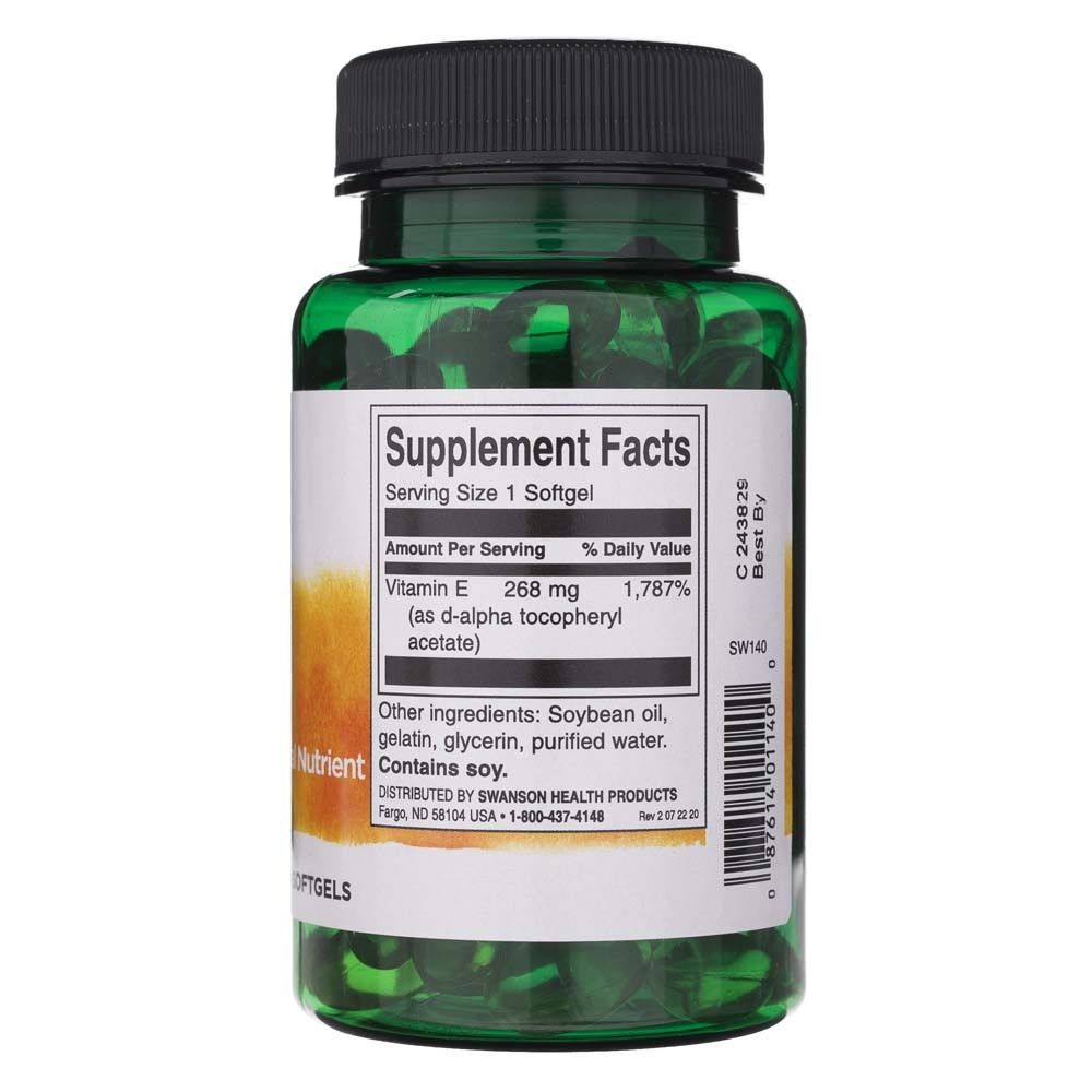 Rückseite der Flasche mit Nährwertangaben für Swanson Natürliches Vitamin E, 100 Softgels.