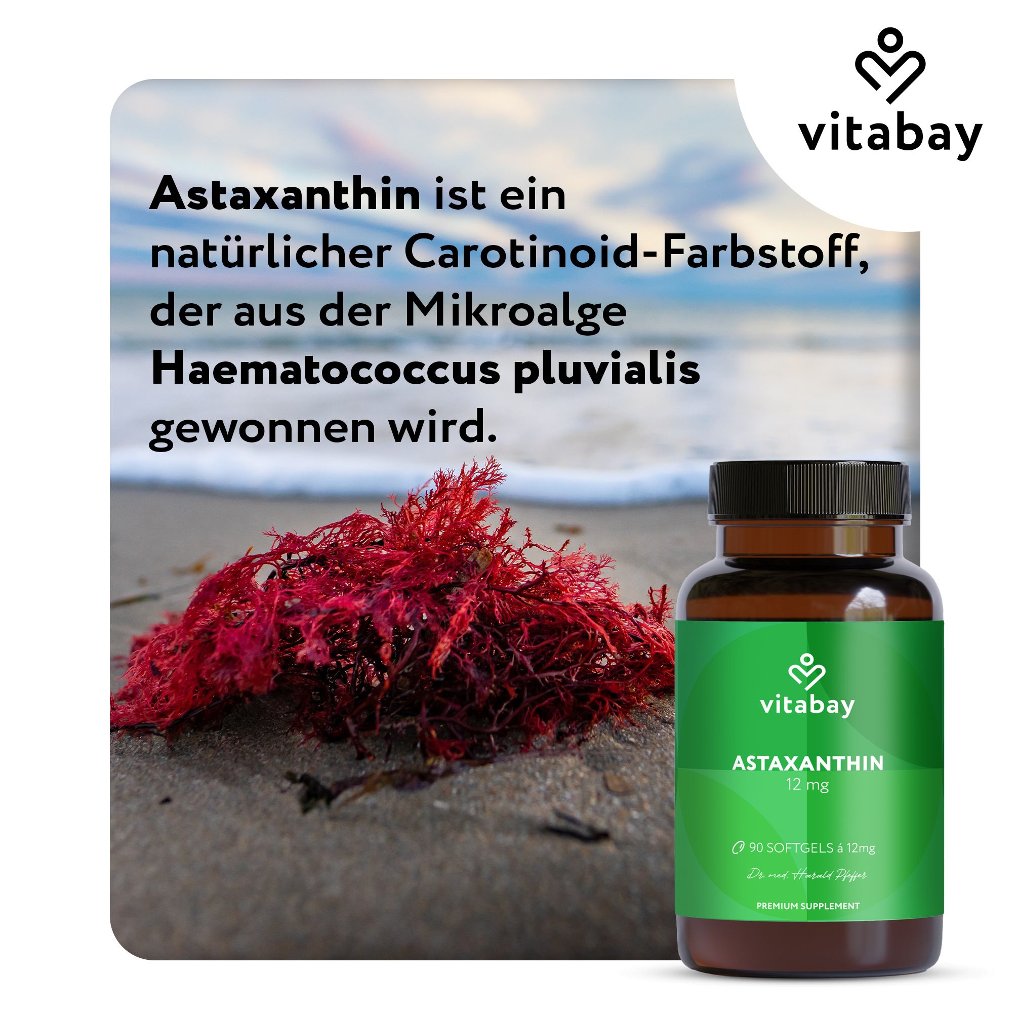 Rote Algen am Strand und eine Flasche. Aufschrift: Astaxanthin 12 mg, 90 Softgels. Marke: Vitabay.
