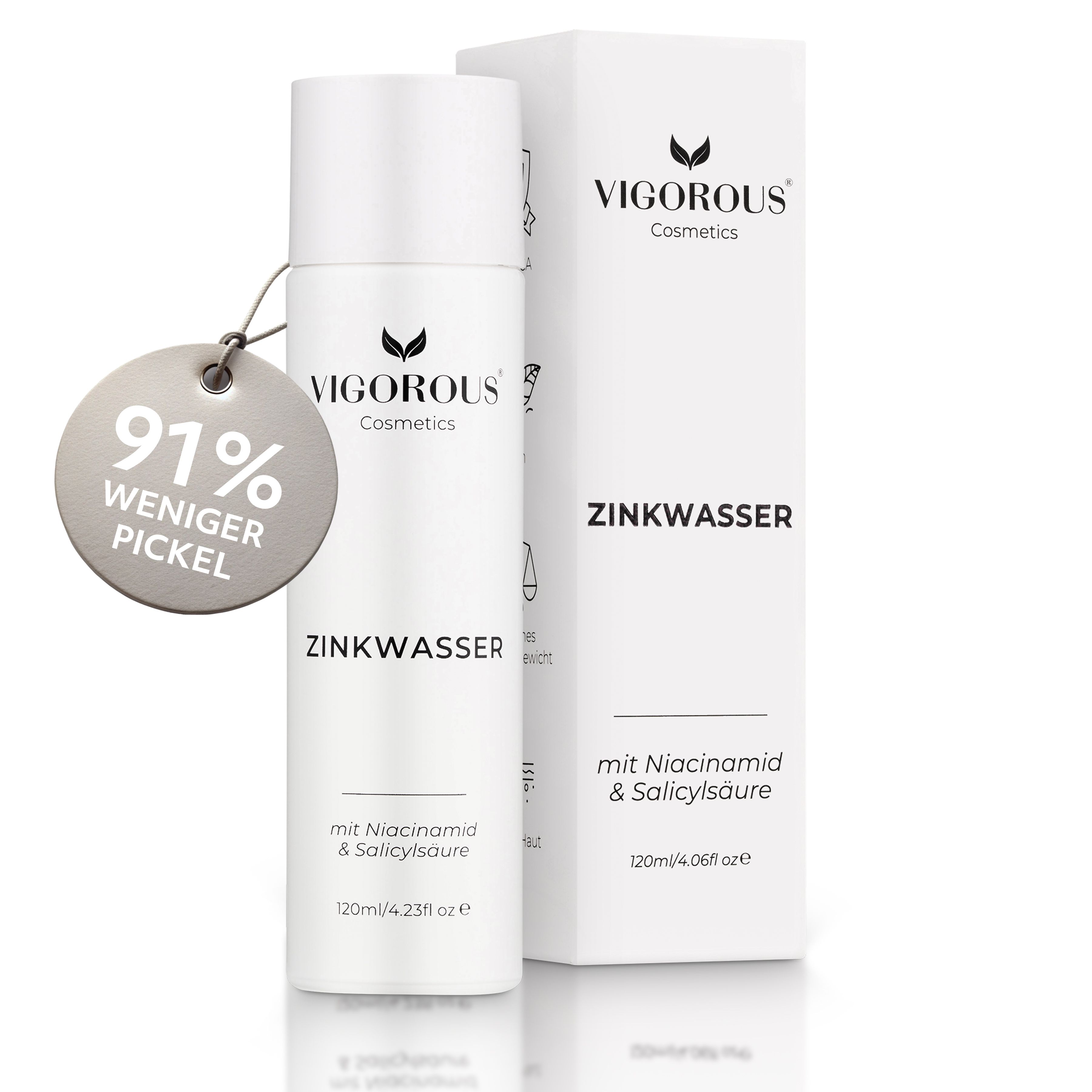 Zinkwasser-Flasche und Verpackung. Text: VIGOROUS® Cosmetics, Zinkwasser, mit Niacinamid & Salicylsäure. 91% weniger Pickel.