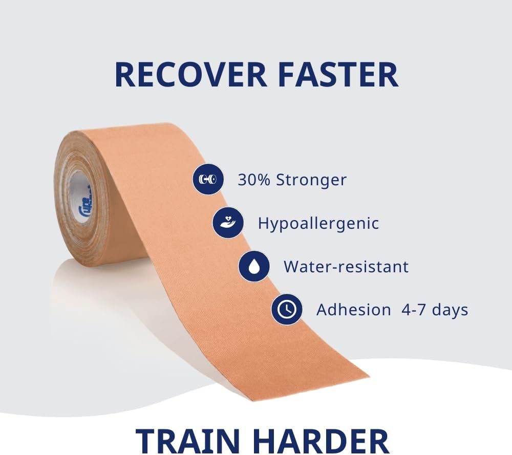 Beige Kinesiologie-Tape-Rolle. Eigenschaften: 30% stärker, hypoallergen, wasserfest, Haftung 4-7 Tage. Text: Recover Faster, Train Harder.