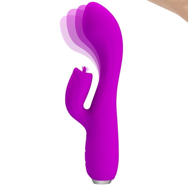 Lila Vibrator mit Kaninchenohren-Design. Sichtbare Steuerungstasten. Glatte Oberfläche. Auf weißem Hintergrund.