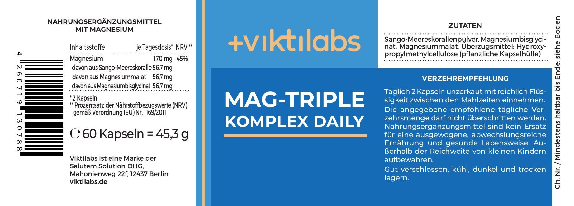 Viktilabs Mag-Triple® Daily: Hochverträglicher Dreifach-Magnesium-Komplex ohne Citrate
