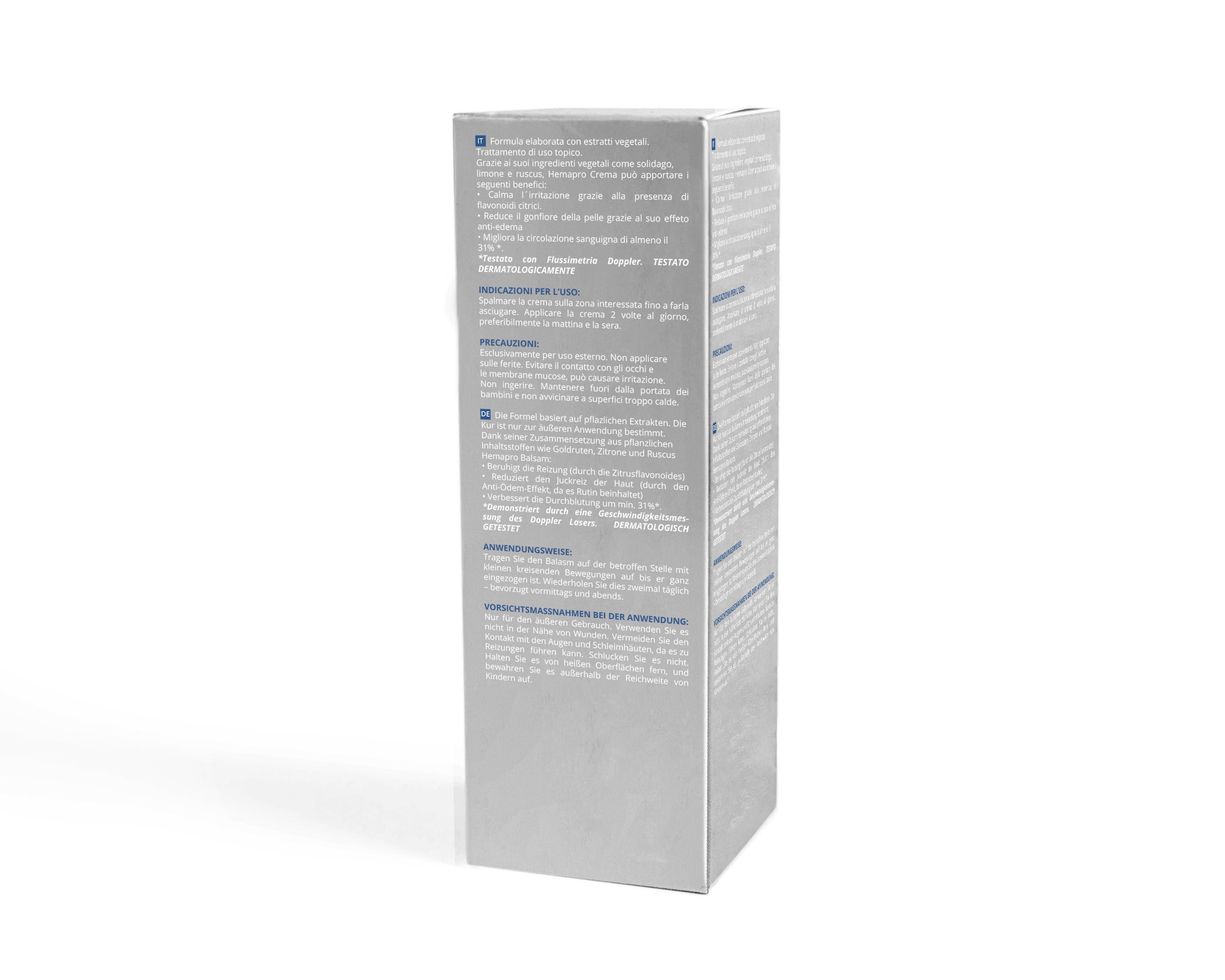 Produktverpackung, Rückseite. Grauer Hintergrund mit Text. Mehrsprachige Produktinformationen und Vorsichtsmaßnahmen.