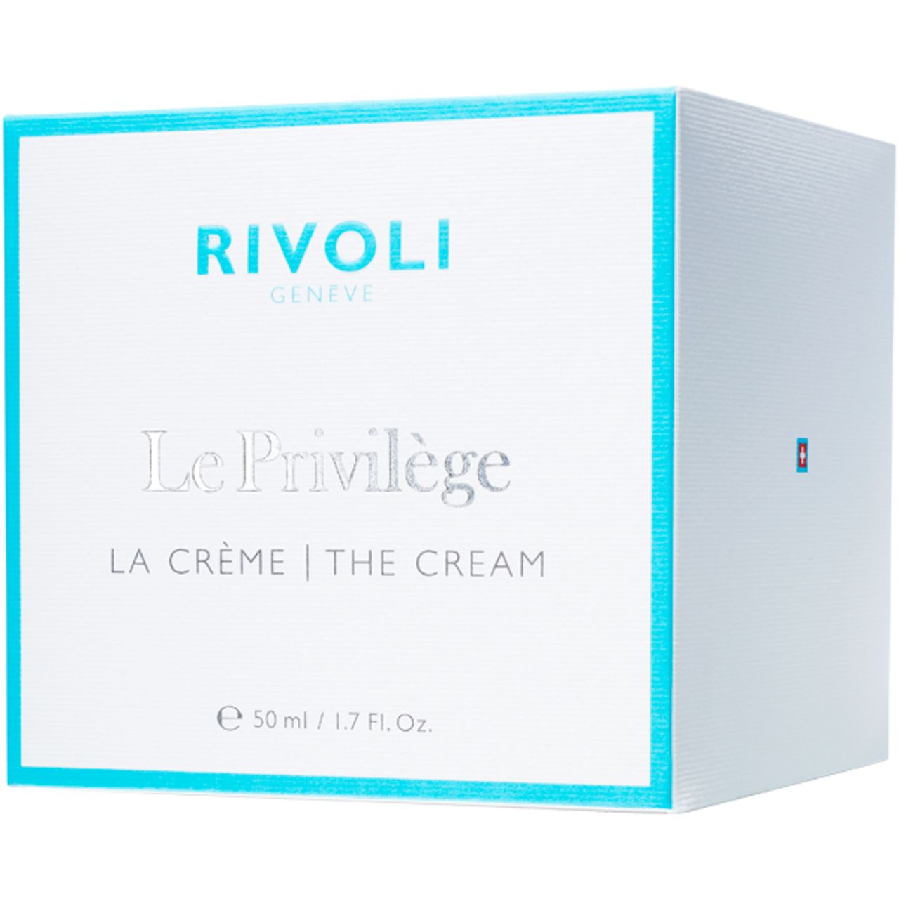 Weiße Verpackung mit türkisfarbenem Rahmen. Aufschrift: Rivoli Genève, Le Privilège La Crème The Cream.