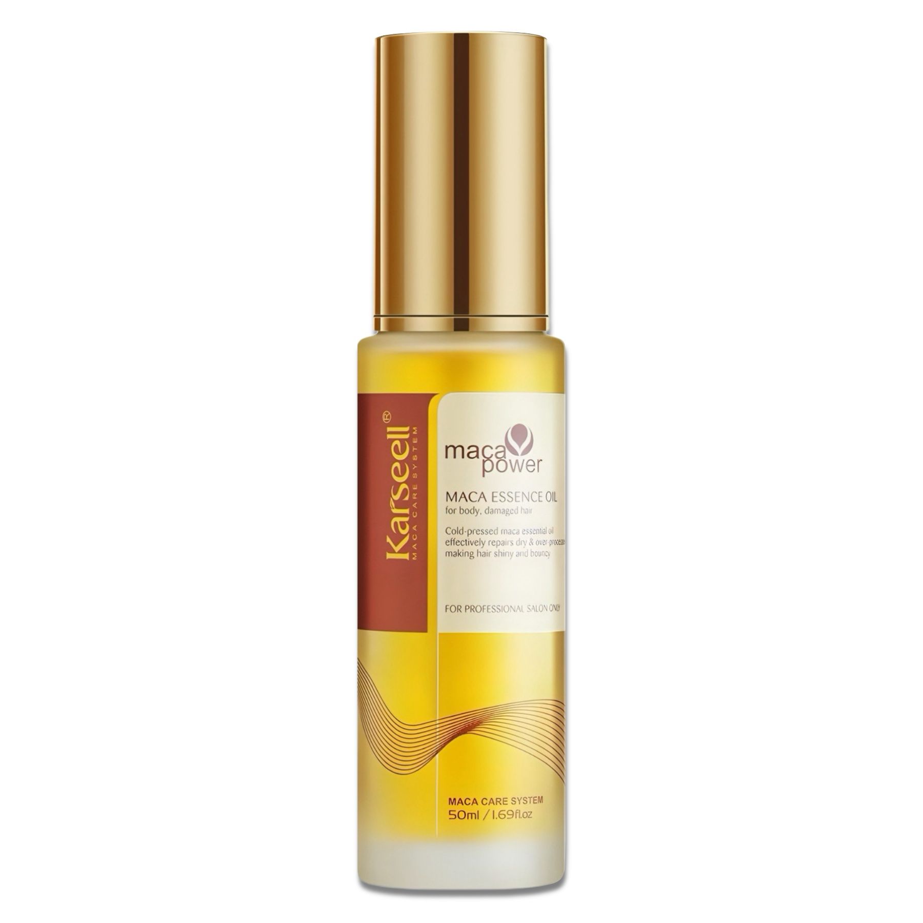 Produktflasche mit Text: Karseell Maca Essence Oil. Goldfarbene Kappe. 50ml/1.69 fl.oz.