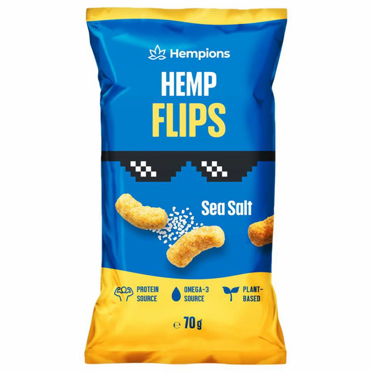 Hempions Hemp Flips Sea Salt Verpackung. Blau-gelb, mit Sonnenbrillen-Design. Enthält Protein, Omega-3, ist pflanzlich. 70g.
