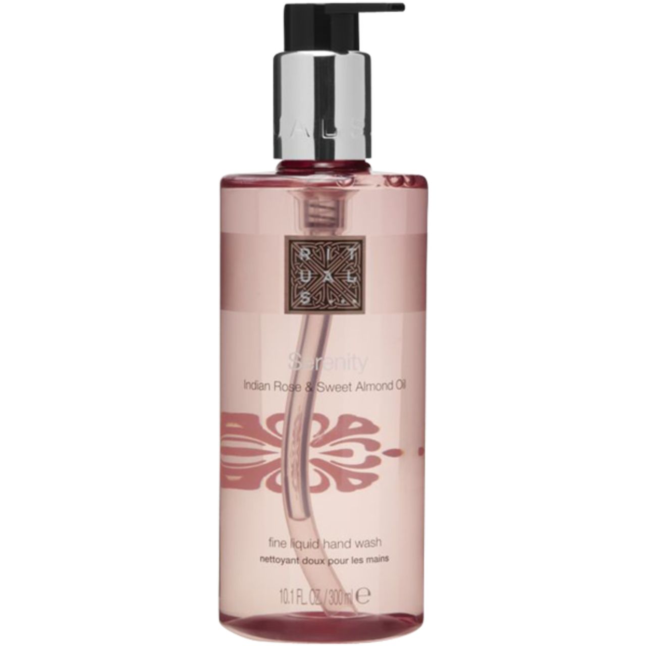Rosa Flüssigseife mit schwarzem Pumpkopf. Aufschrift: Serenity, Indian Rose & Sweet Almond Oil. Feine Flüssigseife für die Hände.