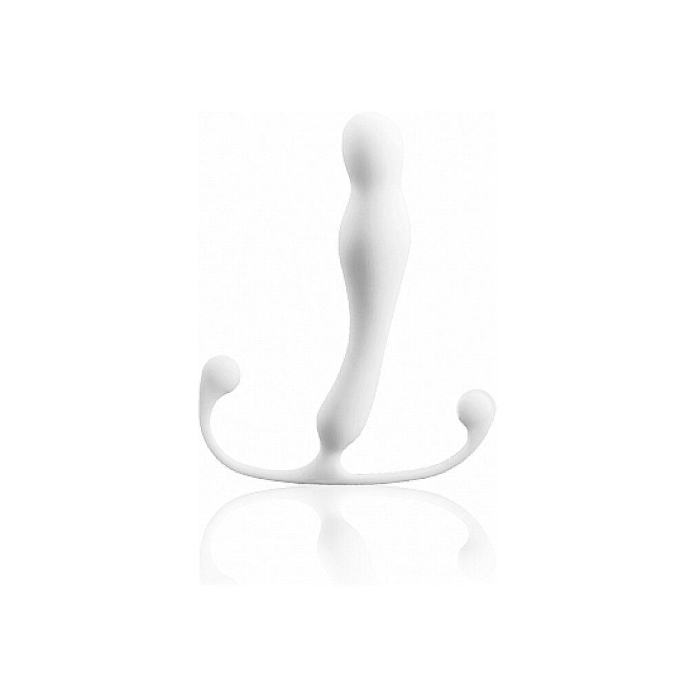 Ein weißes, flexibles Intimprodukt mit einer geschwungenen Form und zwei kugelförmigen Enden.