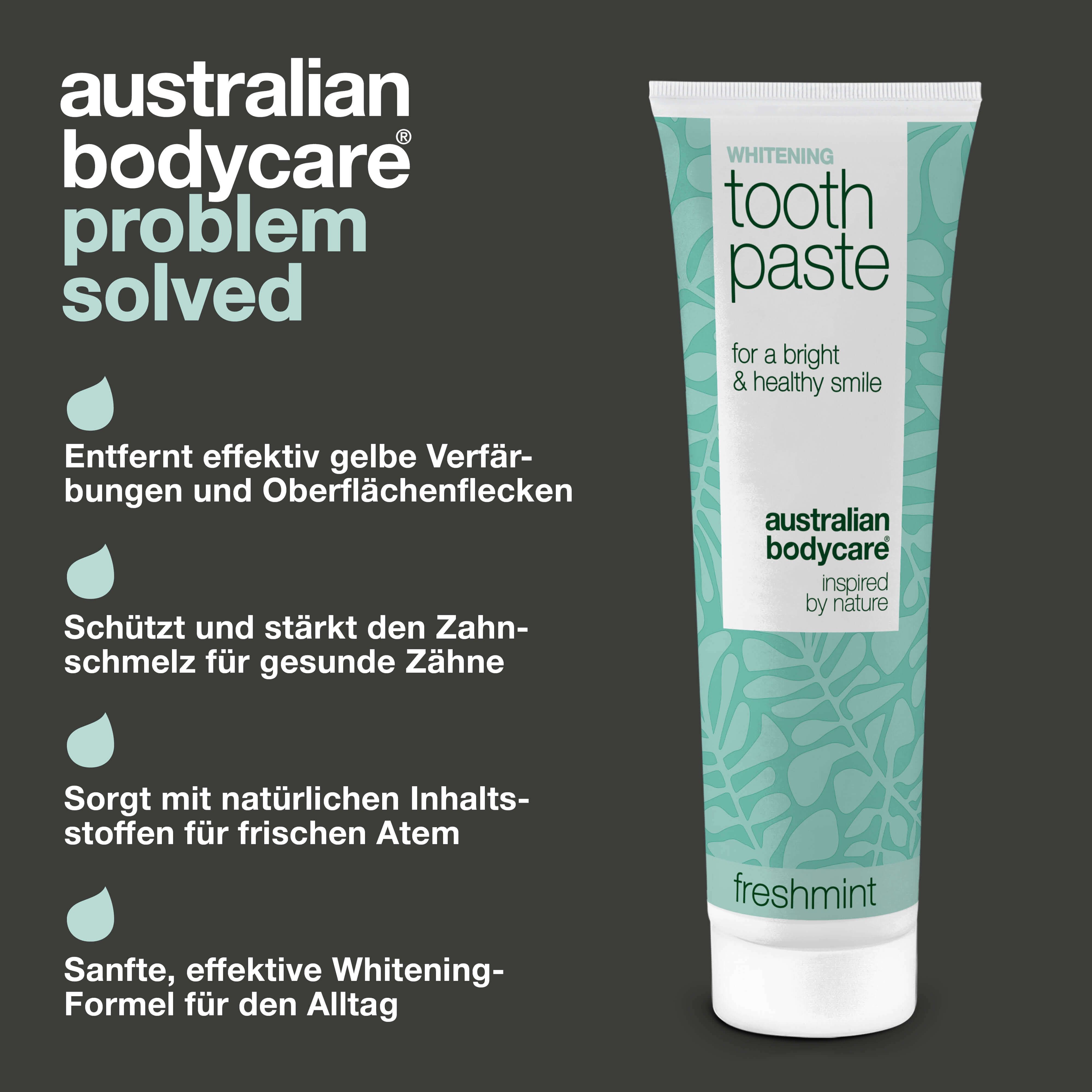 Zahnpasta-Tube, Text: Whitening Toothpaste, Australian Bodycare. Beschreibung der Vorteile.