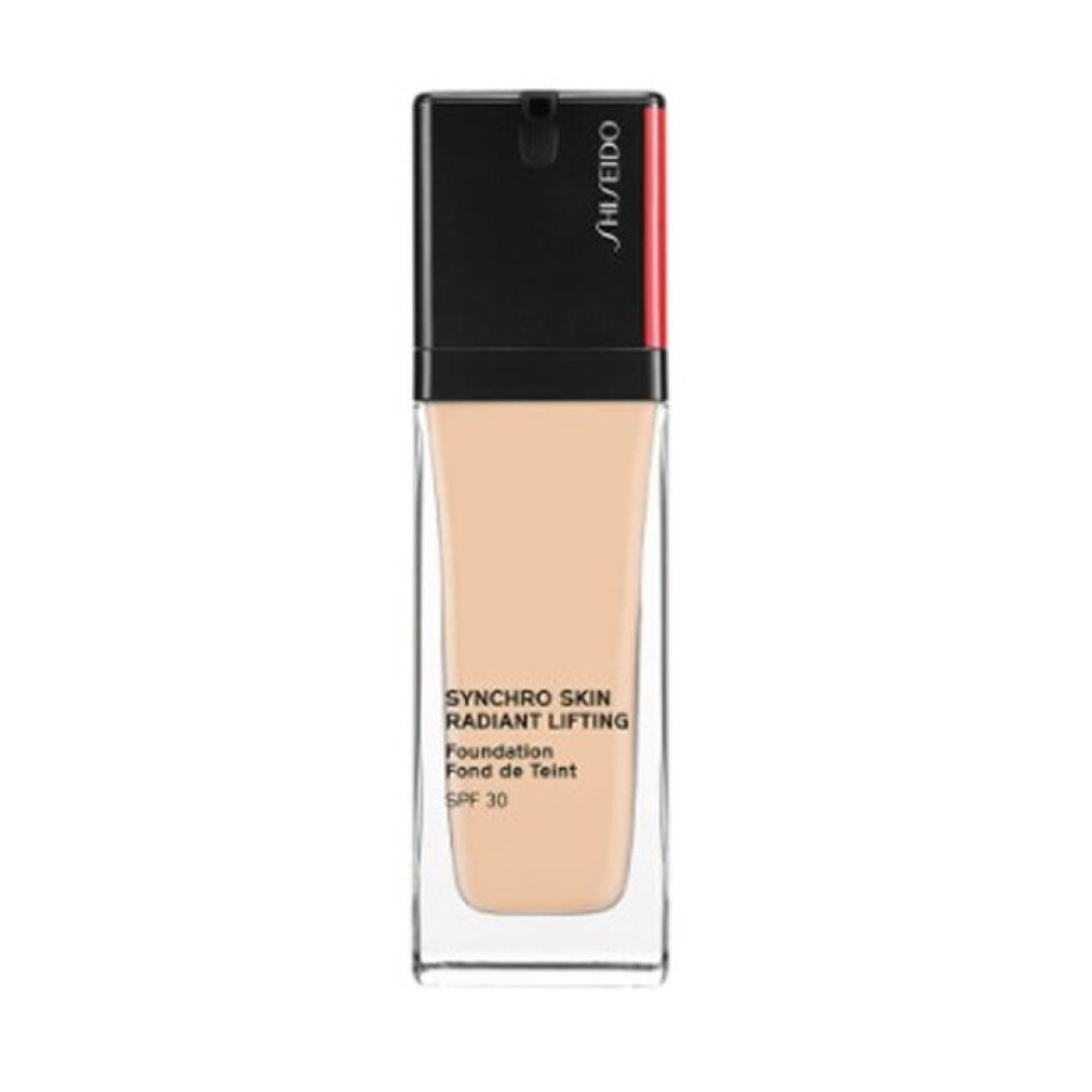 Shiseido Synchro Skin Radiant Lifting Foundation 220 Linen. Rechteckige Glasflasche mit schwarzem Deckel. Produkttext und SPF 30.