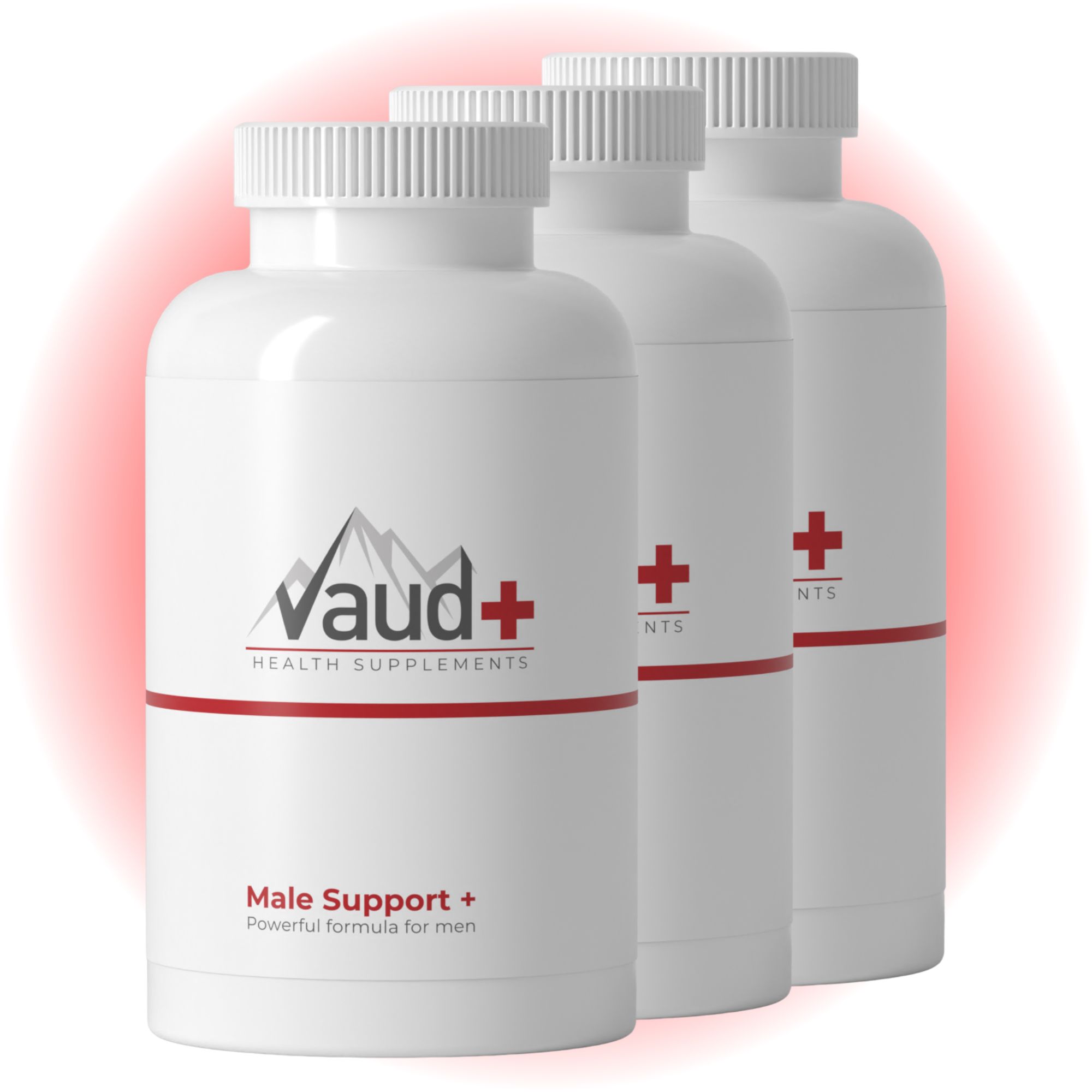 Drei weiße Flaschen mit roter Schrift und Logo. Aufschrift: Vaud+ Health Supplements, Male Support +.