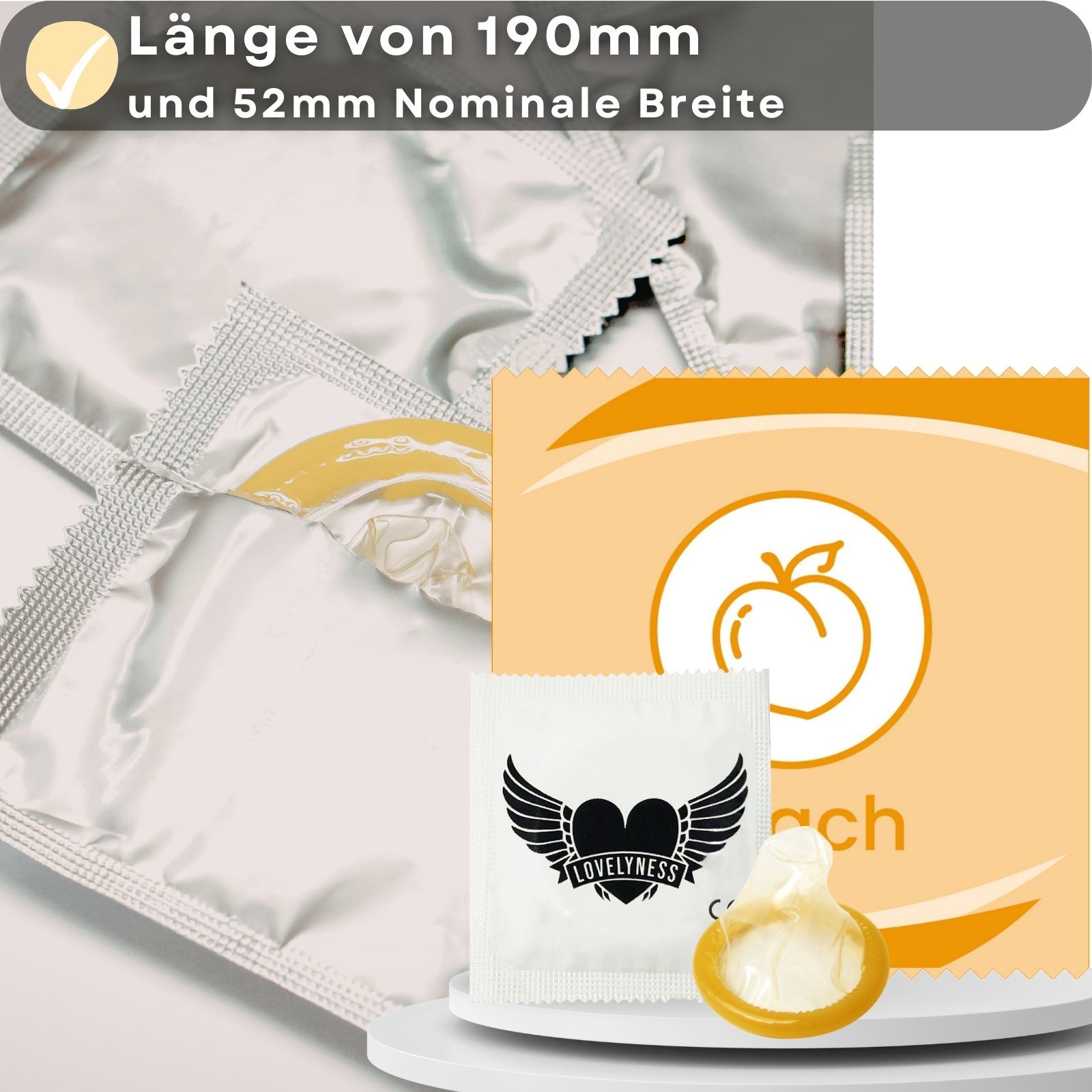Kondom, Länge 190mm, Breite 52mm. Verpackung mit Logo und Pfirsich-Symbol. Kondom sichtbar.