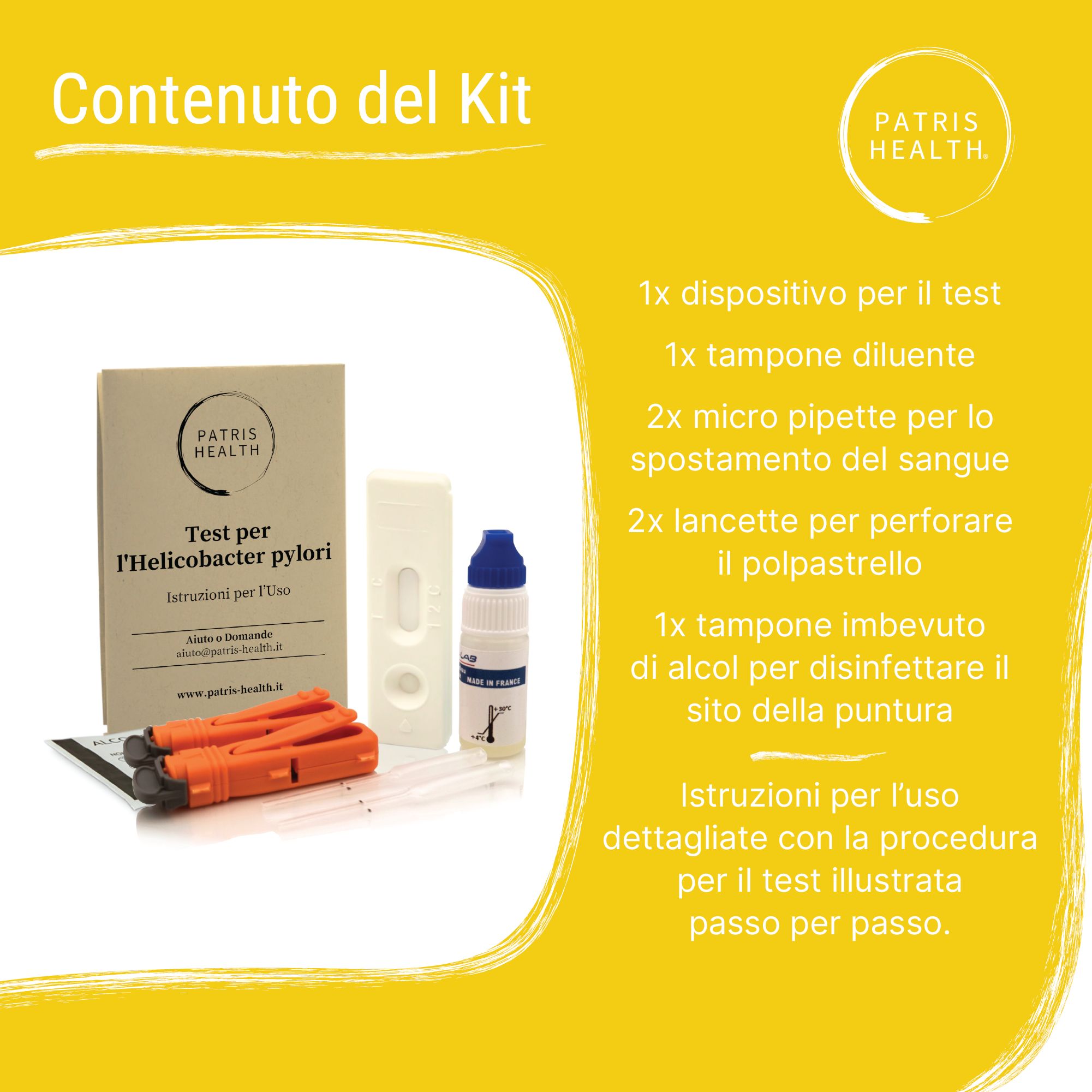 Contenuto del kit: dispositivo di test, tampone diluente, micropipette, lancette, tampone alcolico e istruzioni.