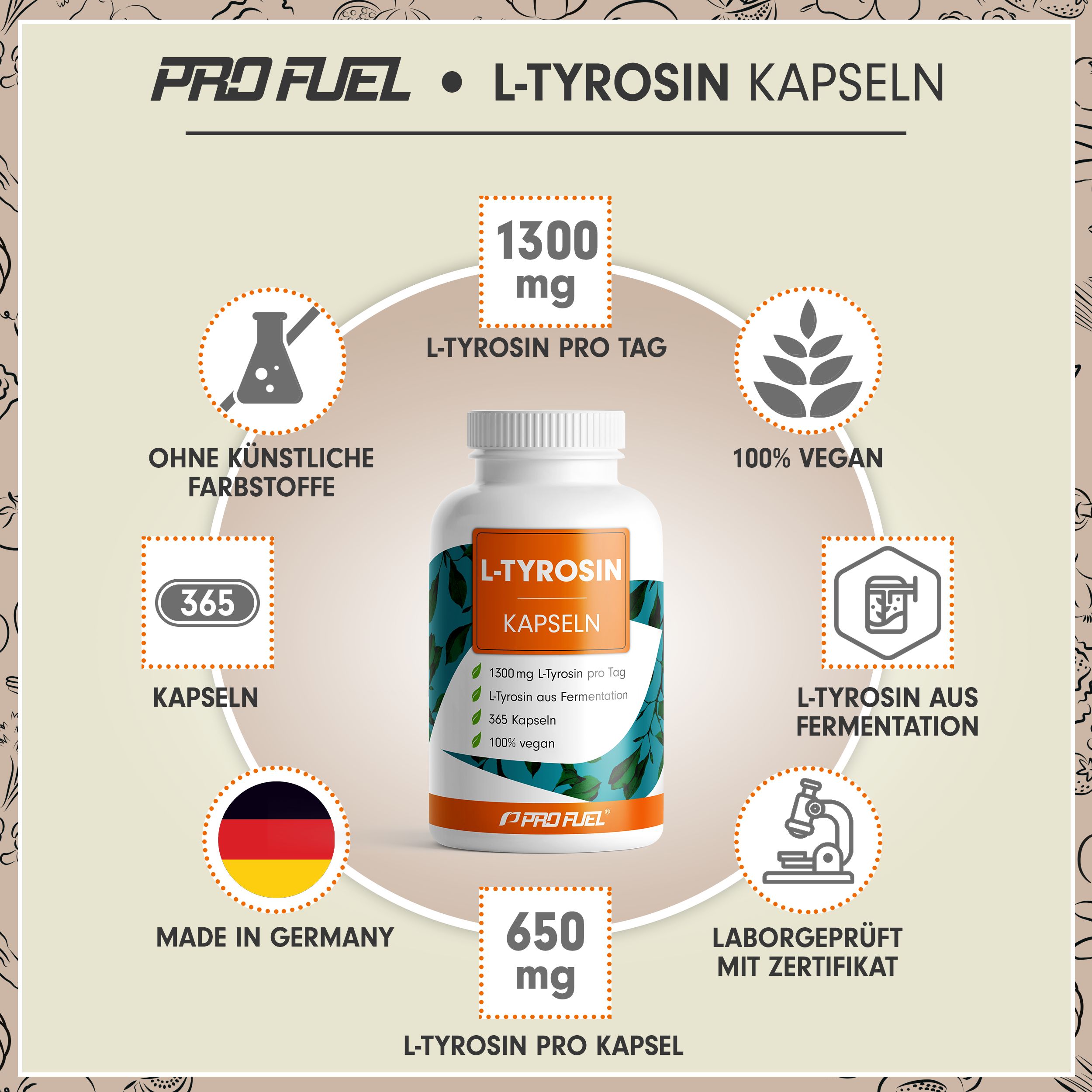 ProFuel L-Tyrosin Kapseln: 1300mg L-Tyrosin pro Tag, 365 Kapseln, vegan, Made in Germany, laborgeprüft.