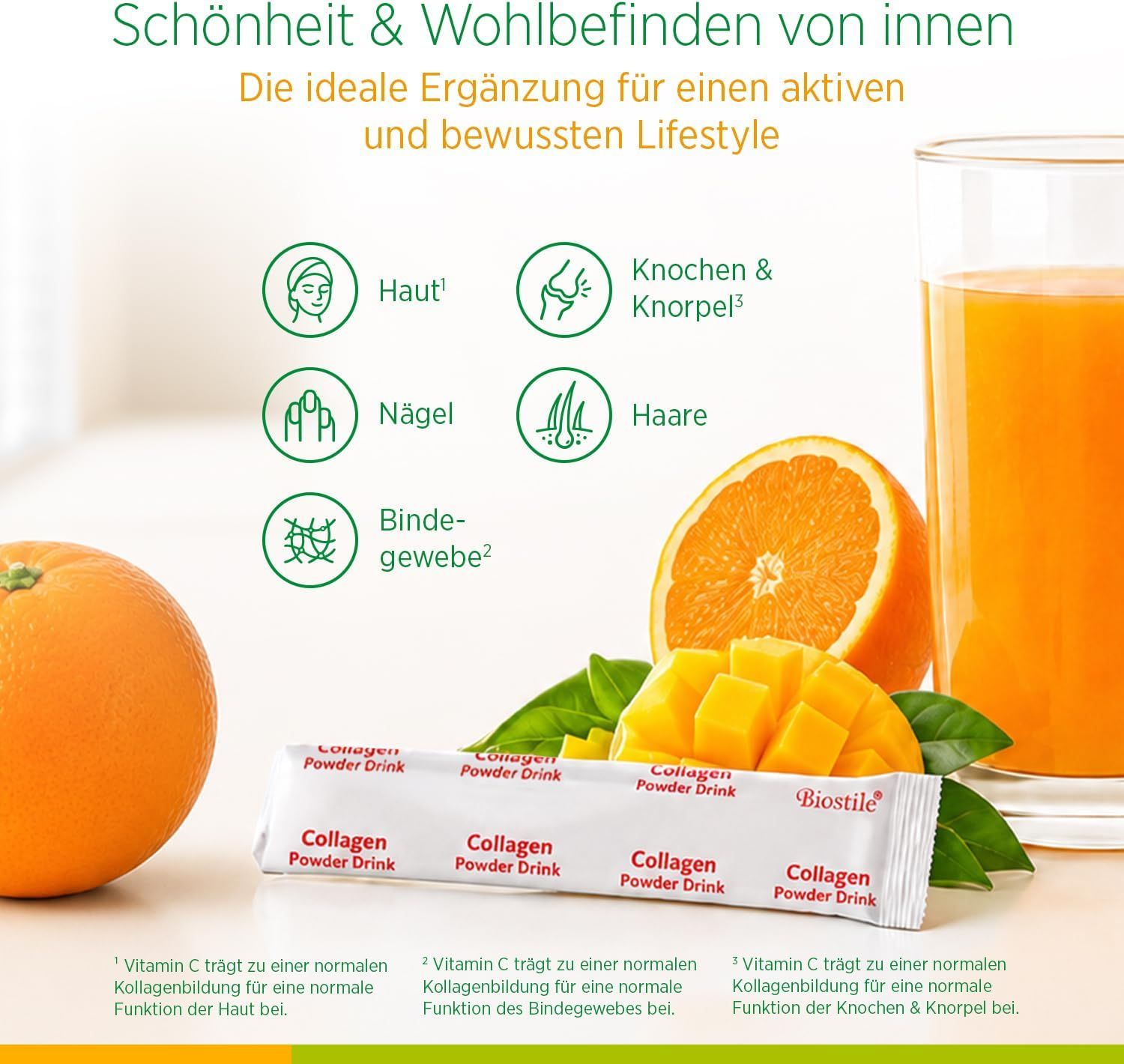 Biostile Kollagen Pulver: Für Haut, Nägel, Haare, Bindegewebe, Knochen & Knorpel. Mit Vitamin C.