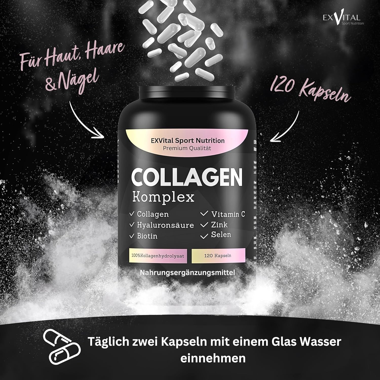 Schwarze Flasche EXVital Collagen Komplex Kapseln. 120 Kapseln. Enthält Collagen, Hyaluronsäure, Biotin, Vitamin C, Zink und Selen. Für Haut, Haare & Nägel.