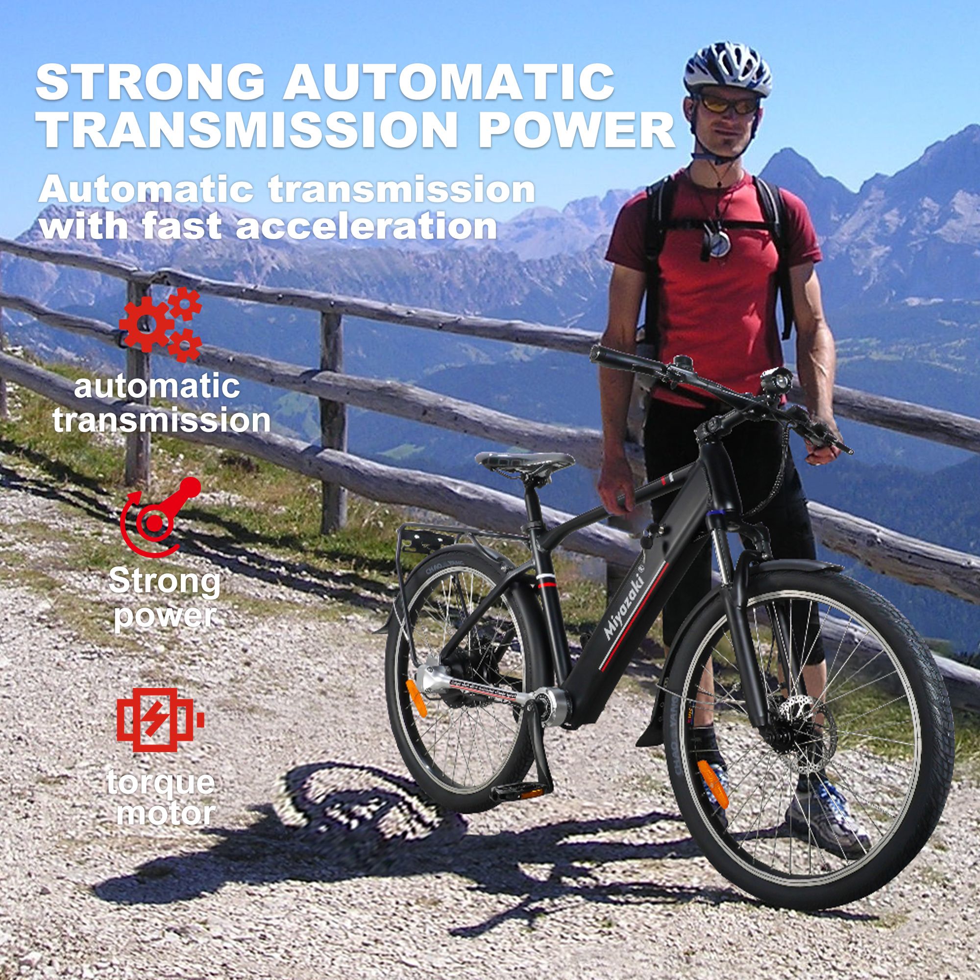 Mann mit schwarzem Miyazaki Elektrofahrrad. Text: Starke automatische Kraftübertragung, Drehmomentmotor, automatische Übertragung.