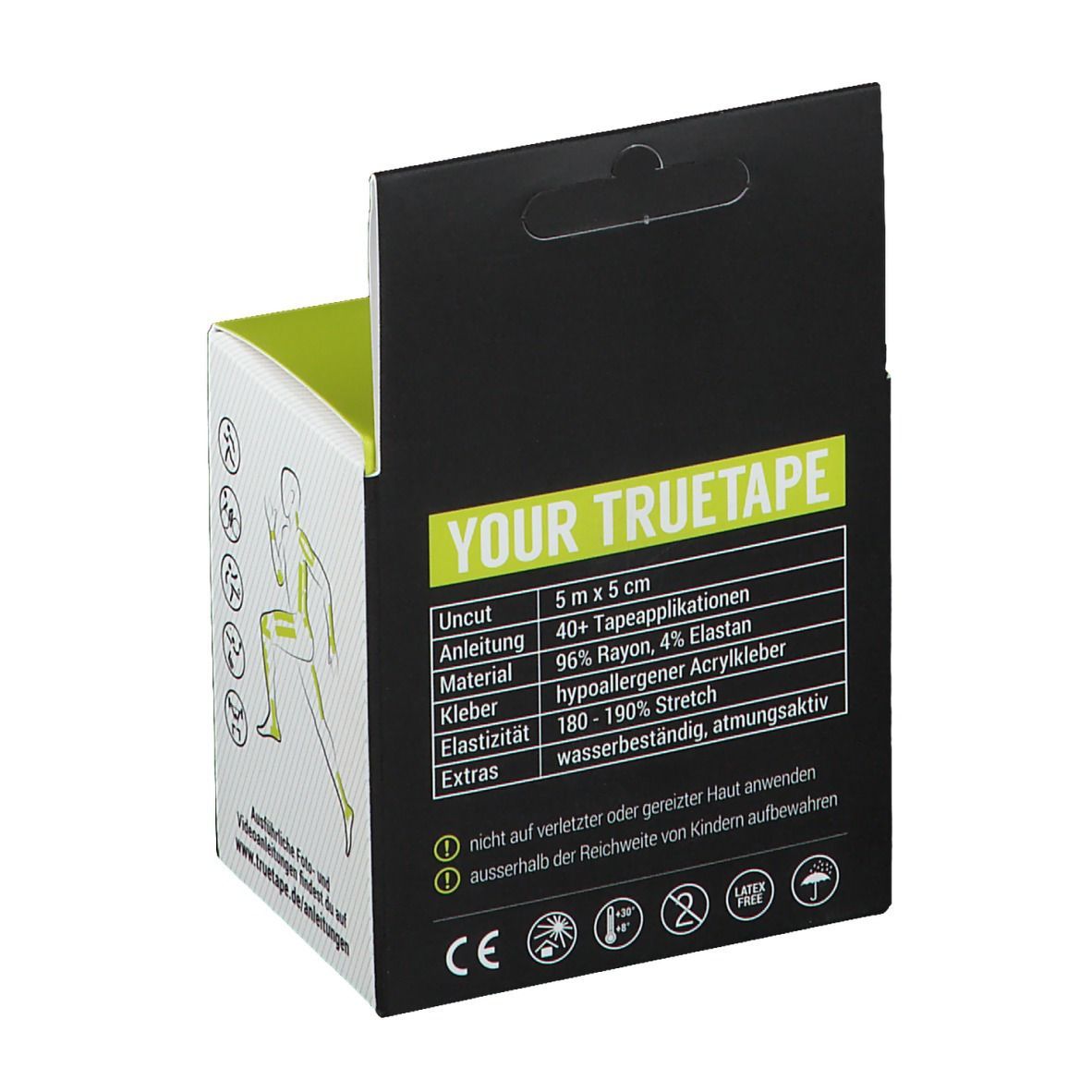 Rückseite der Verpackung von TRUETAPE® Kinesiotape Pro grün. Informationen zu Material, Elastizität und Anwendungshinweise.