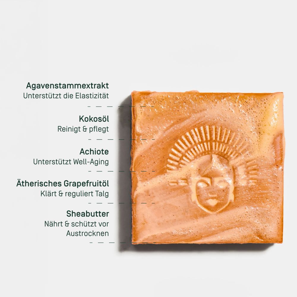 Viva Maia Boosting Bar: Seife mit detaillierter Liste der Inhaltsstoffe wie Agavenextrakt, Kokosöl und Grapefruitöl.