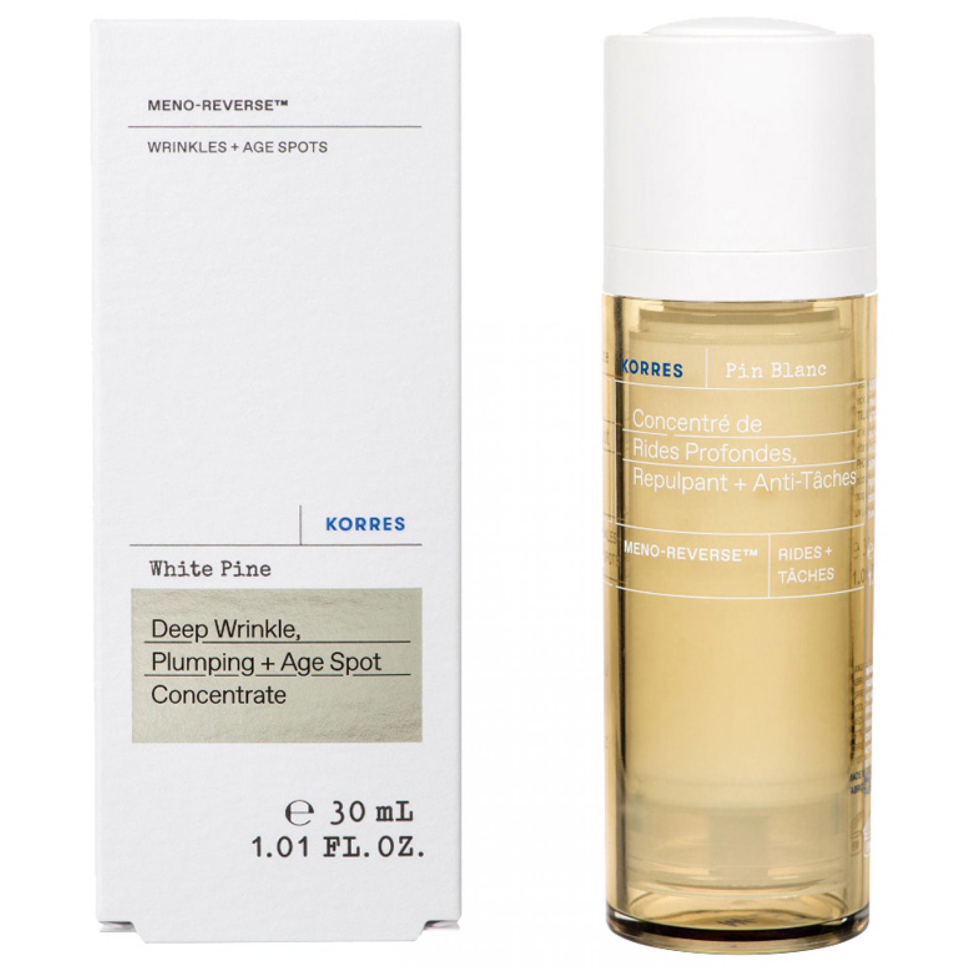 KORRES White Pine Meno Reverse Konzentrat in Glasflasche mit Pumpspender.
