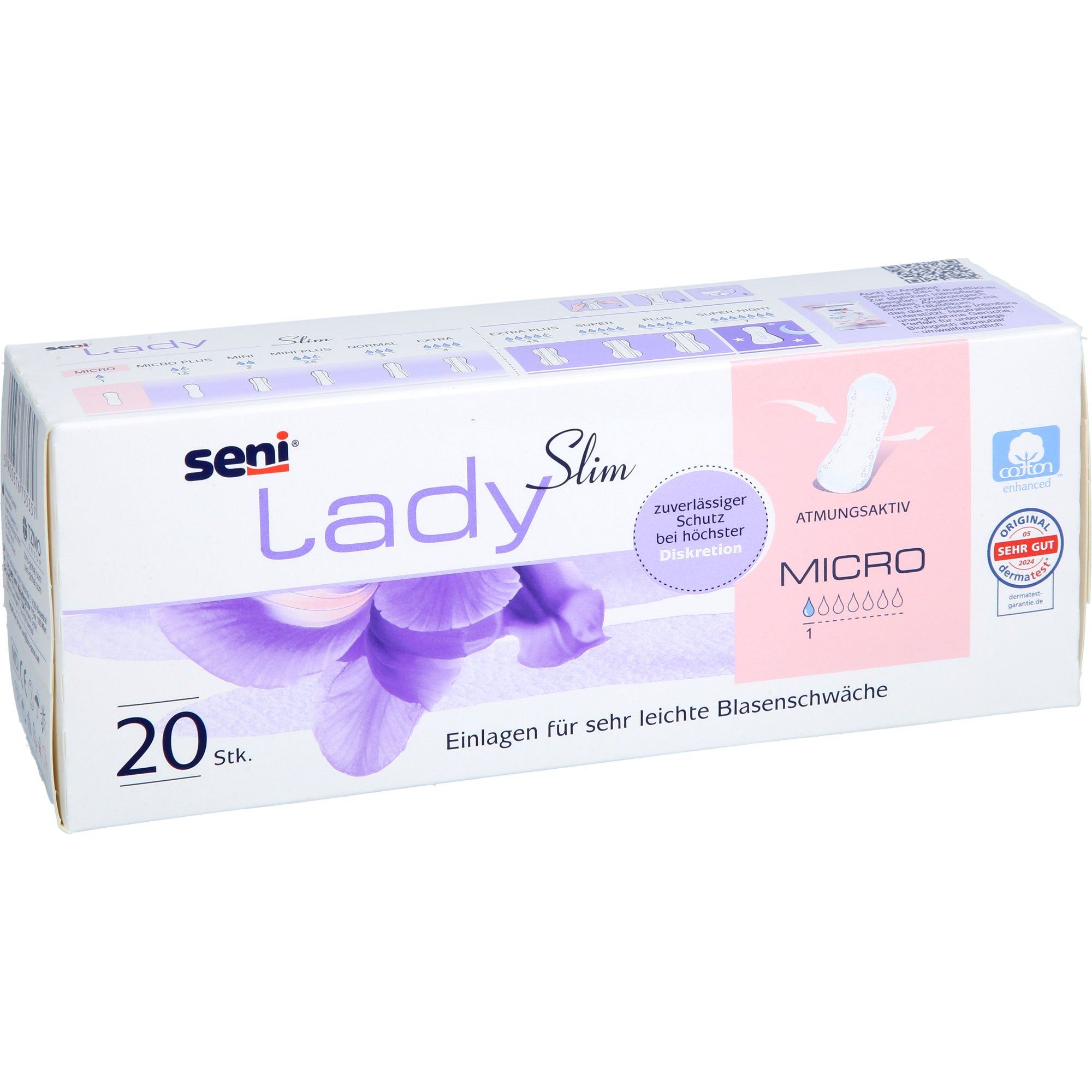 Verpackung von Seni Lady Slim Micro a20. Enthält 20 Stück. Aufdrucke: Seni, Lady Slim, Micro, atmungsaktiv, Baumwolle, Einlagen für leichte Blasenschwäche.