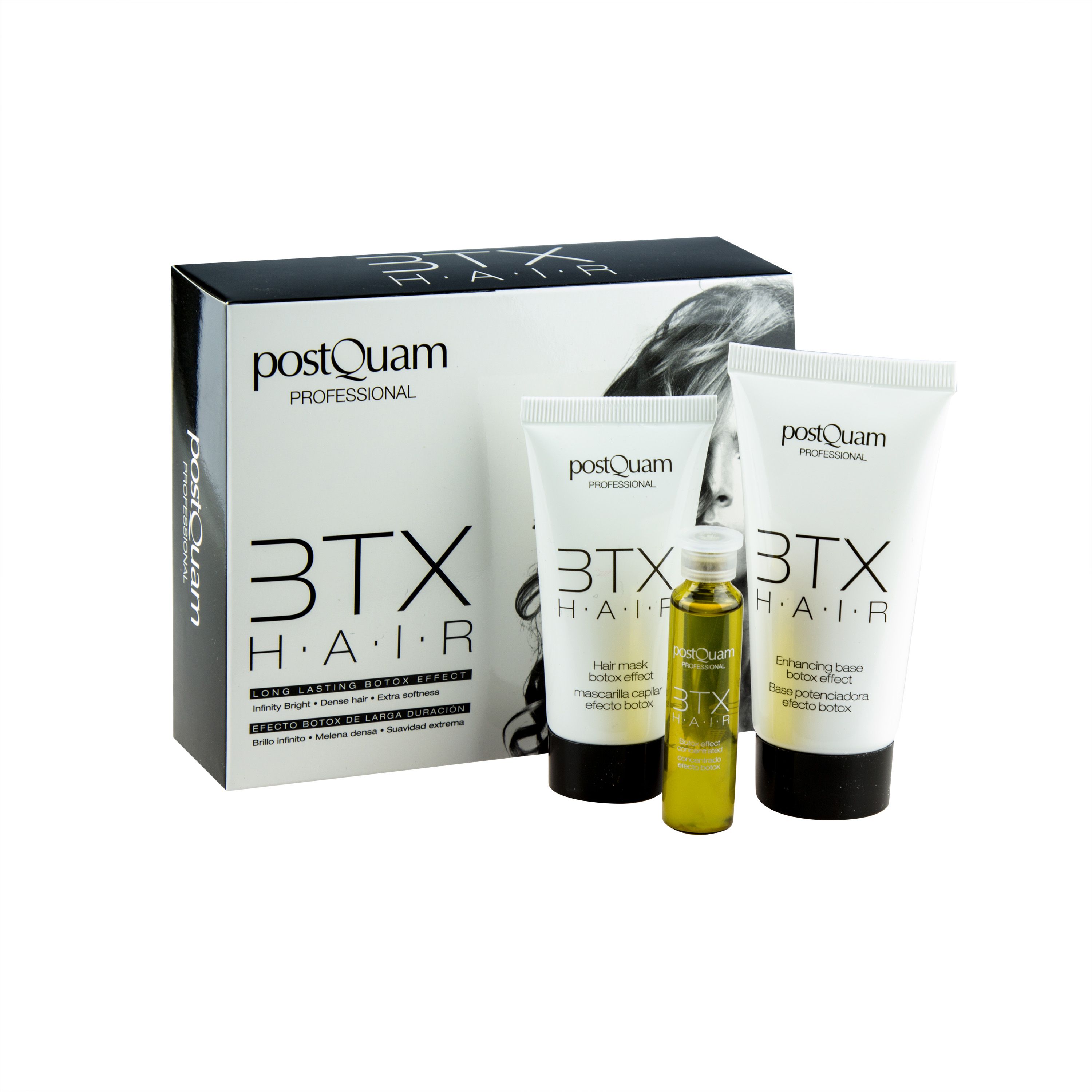 Haarpflege-Set mit drei Produkten: zwei Tuben und eine kleine Flasche. Aufdruck: PostQuam, 3TX HAIR.