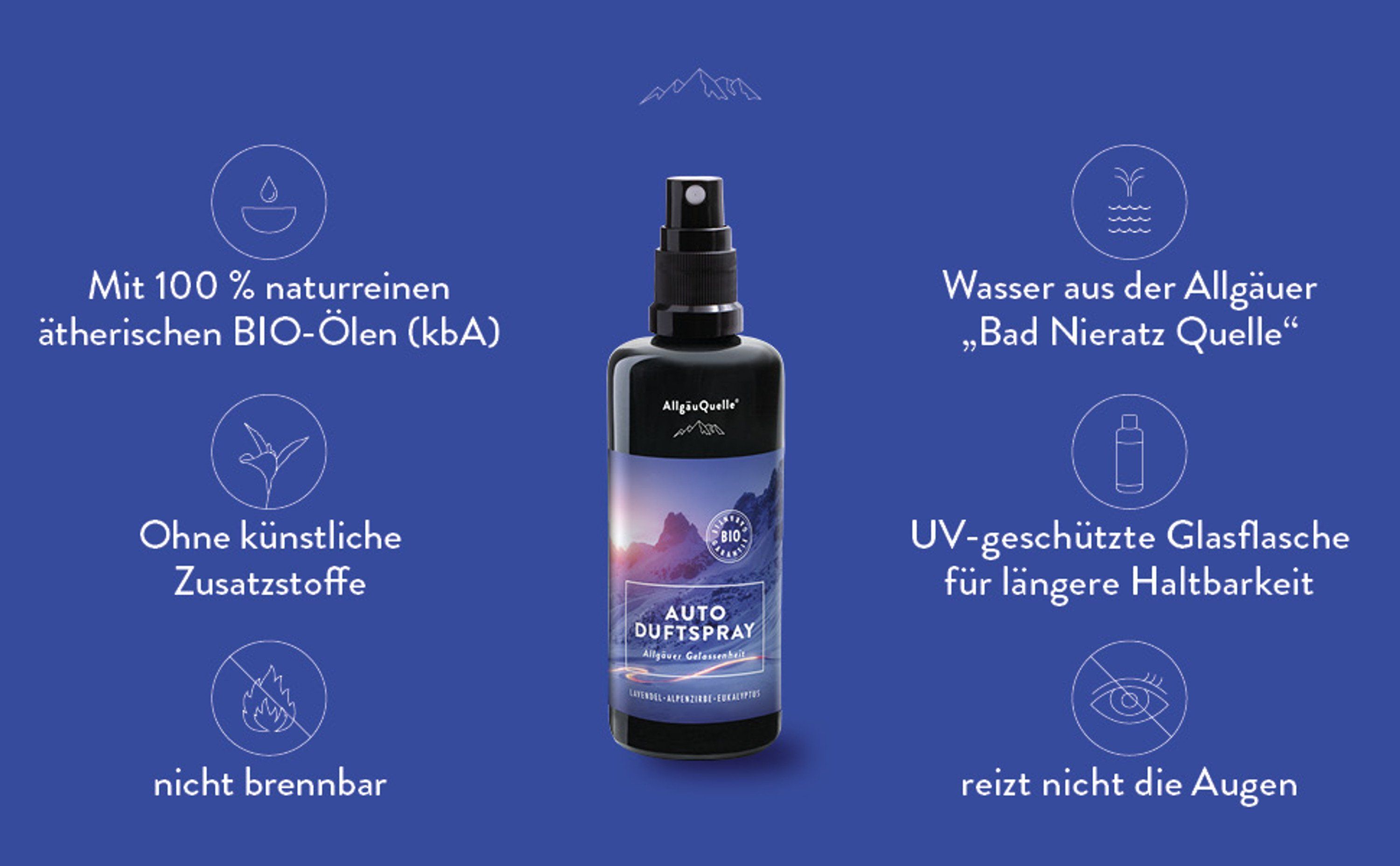 AllgäuQuelle Bio Autoduft Lufterfrischer Duftspray Lavendel, Alpenzirbe und Eukalyptus