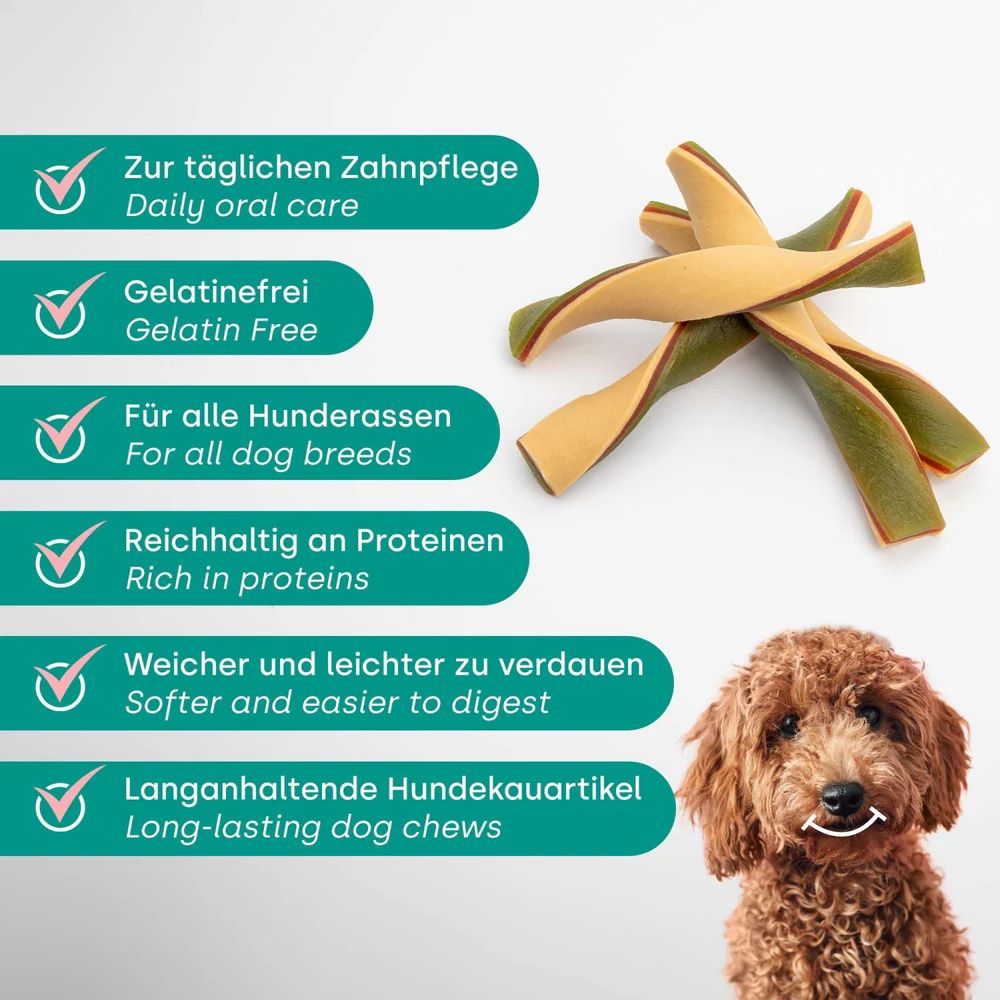 Dentalsticks und Produktinformationen. Text: Zur täglichen Zahnpflege, Gelatinefrei, Für alle Hunderassen, Reichhaltig an Proteinen.