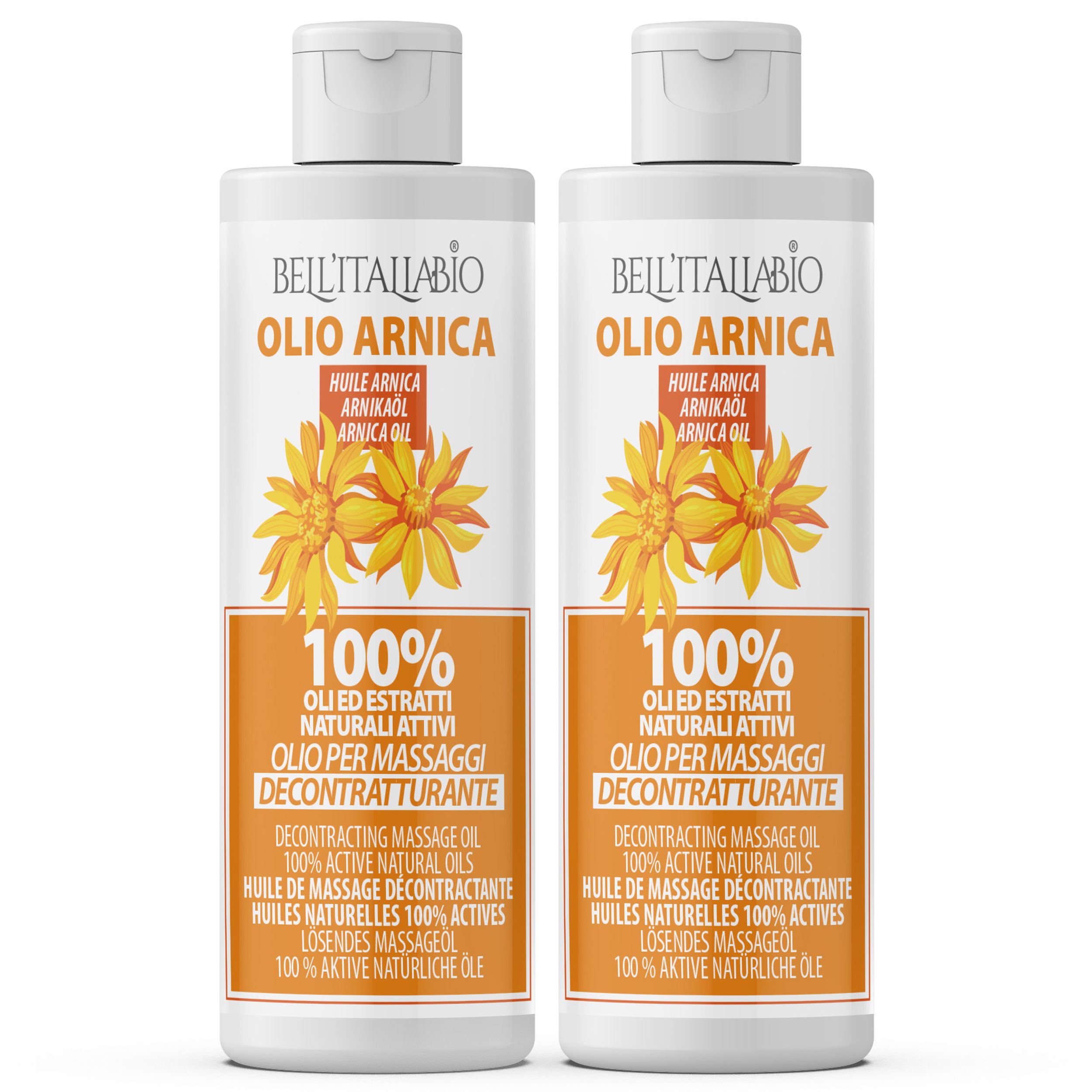 Zwei Flaschen mit weißem Deckel und Etikett. Aufschrift: Bell'Italiabio Olio Arnica. Mit gelben Blüten und Text.