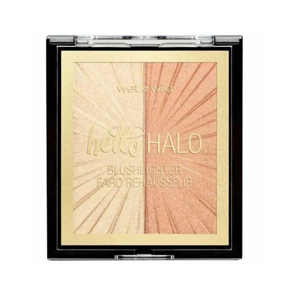 Blushlighter mit zwei Farbtönen. Marke: Wet n Wild. Text: Hello Halo, Blushlighter Fard Rehausseur. Schwarze Verpackung.